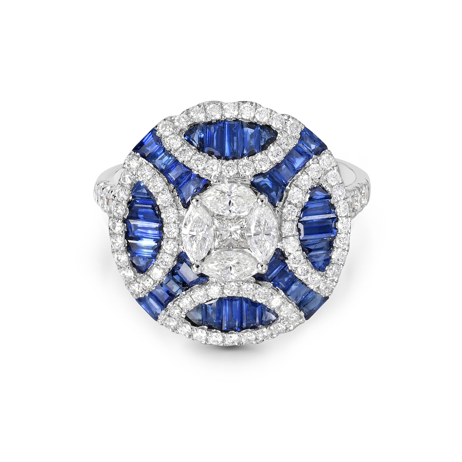 18K White Gold Baguette Cut Sapphire and Pave Diamond Designer Ring for Women - Perfect for Engagement, Wedding, Anniversary & Special Occasions