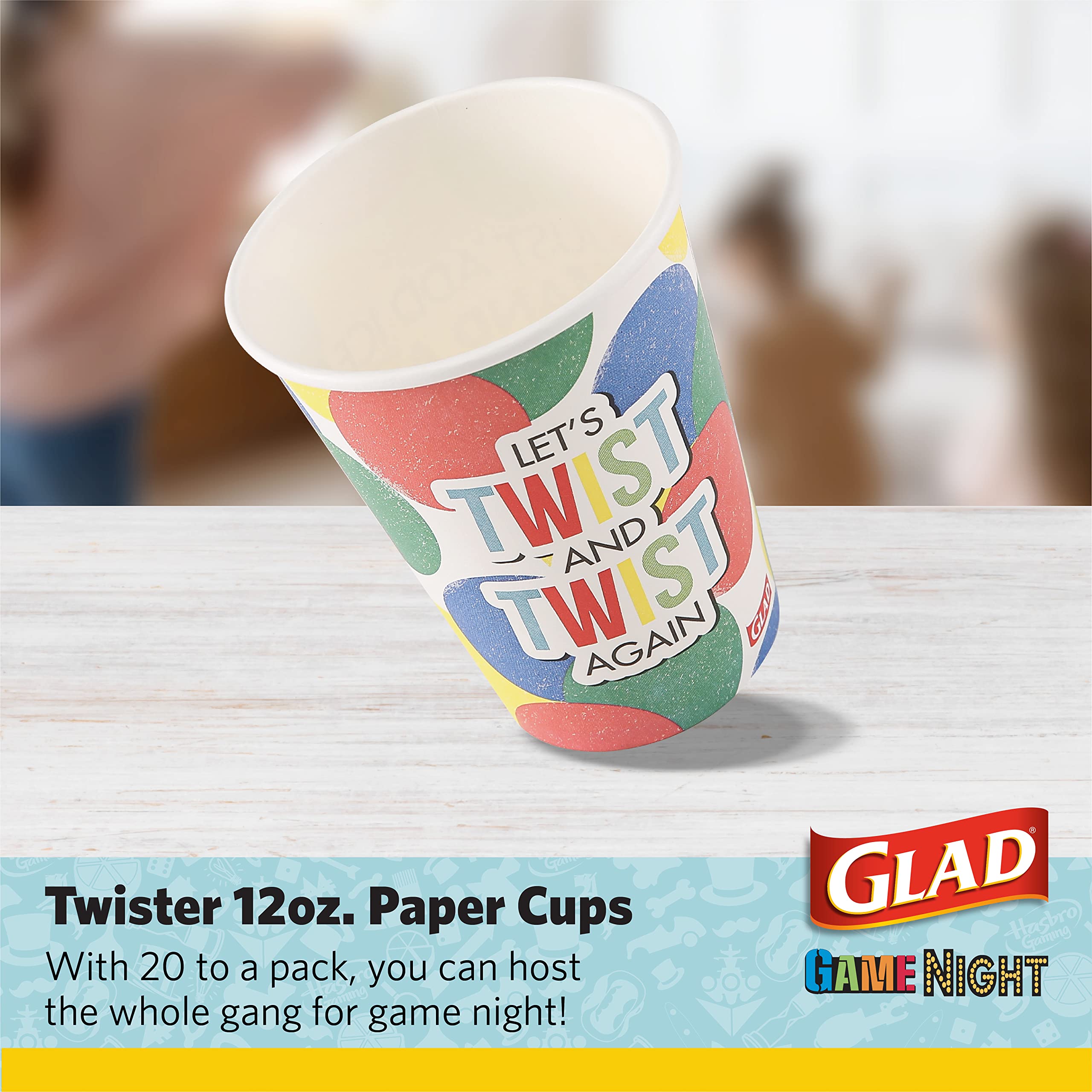 **Glad Game Night Twister Disposable Paper Cups – 12 oz, 20 Count | Classic Board Game Party Supplies for Family Game Night, Kids Birthday & Outdoor Gatherings**