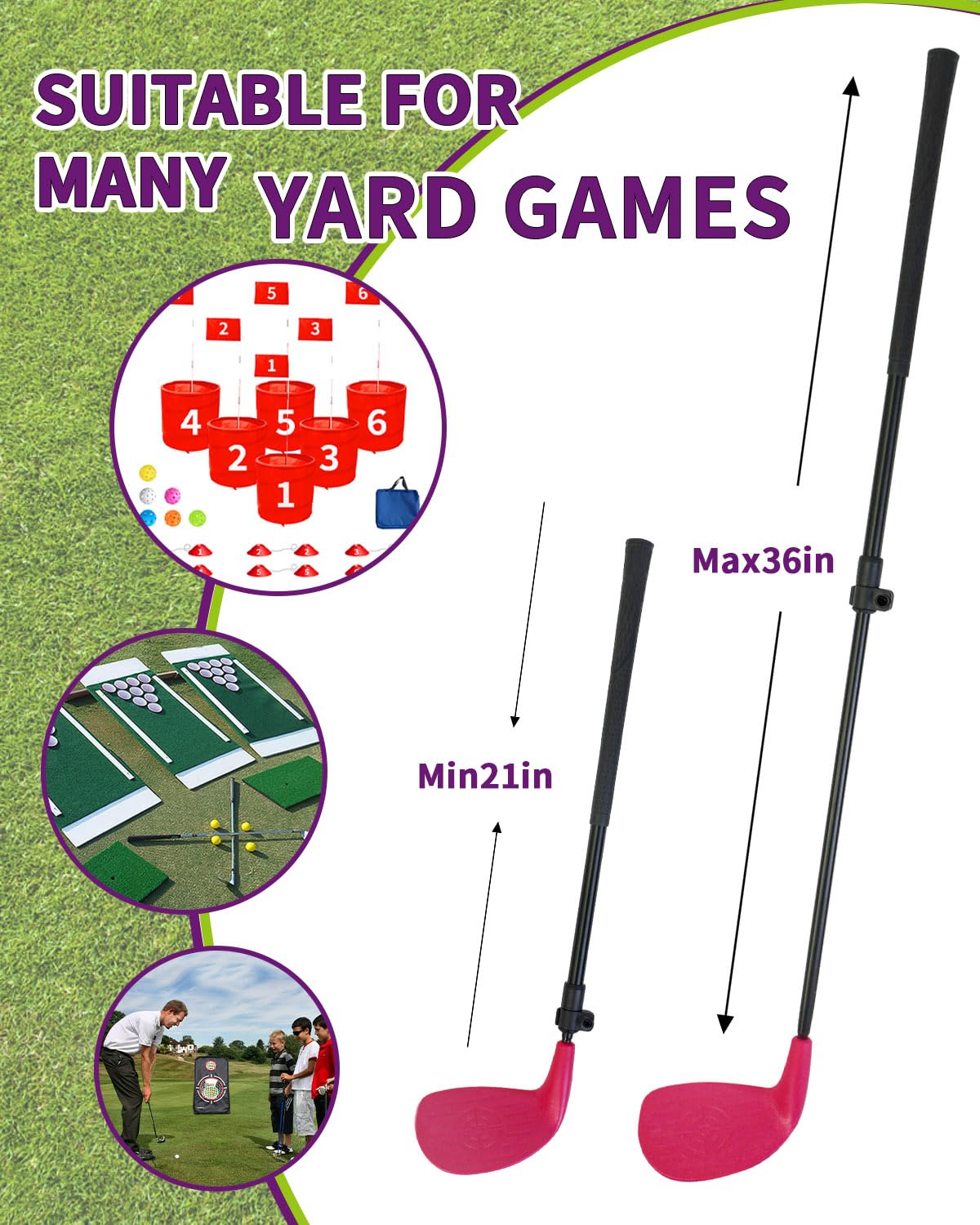 KOFULL Oversize Golf Club Set - Adjustable Length for Adults & Juniors - Perfect for Backyard, Yard, and Park Practice - Includes Foam Balls & Buckets - Ideal for Family Golf Games & Outdoor Fun