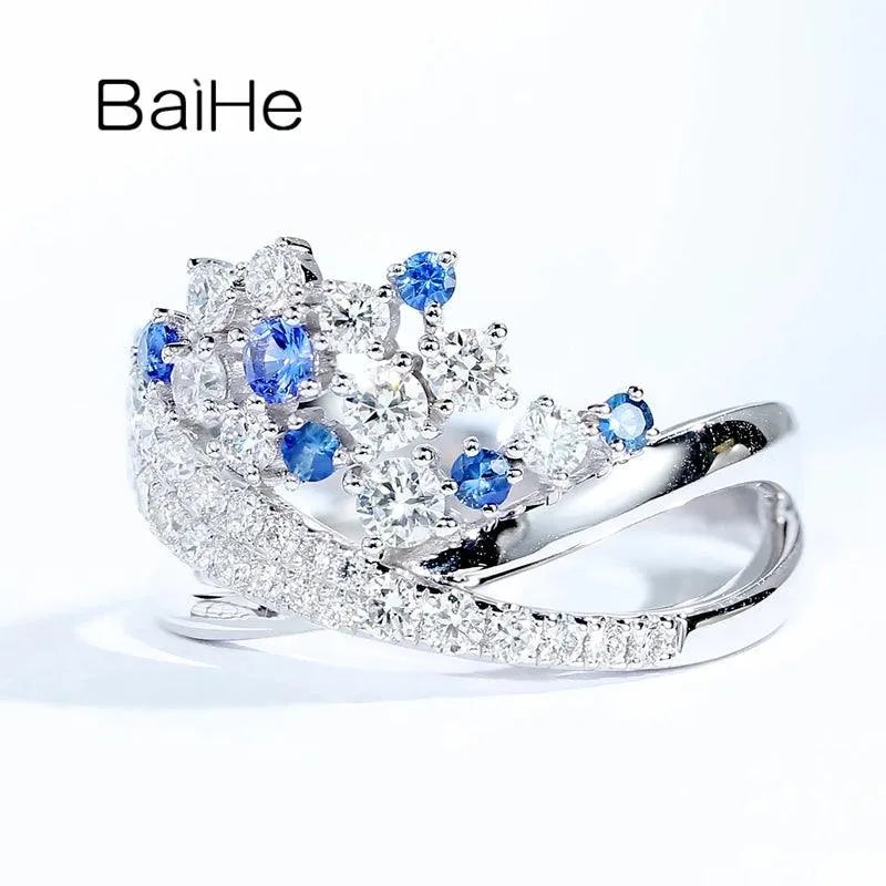 14K White Gold Natural Sapphire & Diamond Crown Ring for Women - Elegant Wedding & Engagement Gift - Fine Jewelry for Bridal, Anniversary & Special Occasions