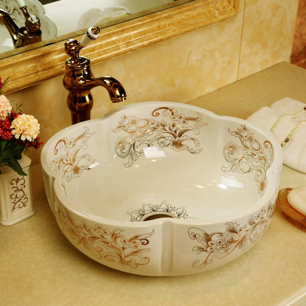 NOALED Art Ceramic Countertop Basin - Flower-Shaped Bathroom Sink with Overflow, Modern Vanity Vessel for Powder Room & Guest Bath Decor