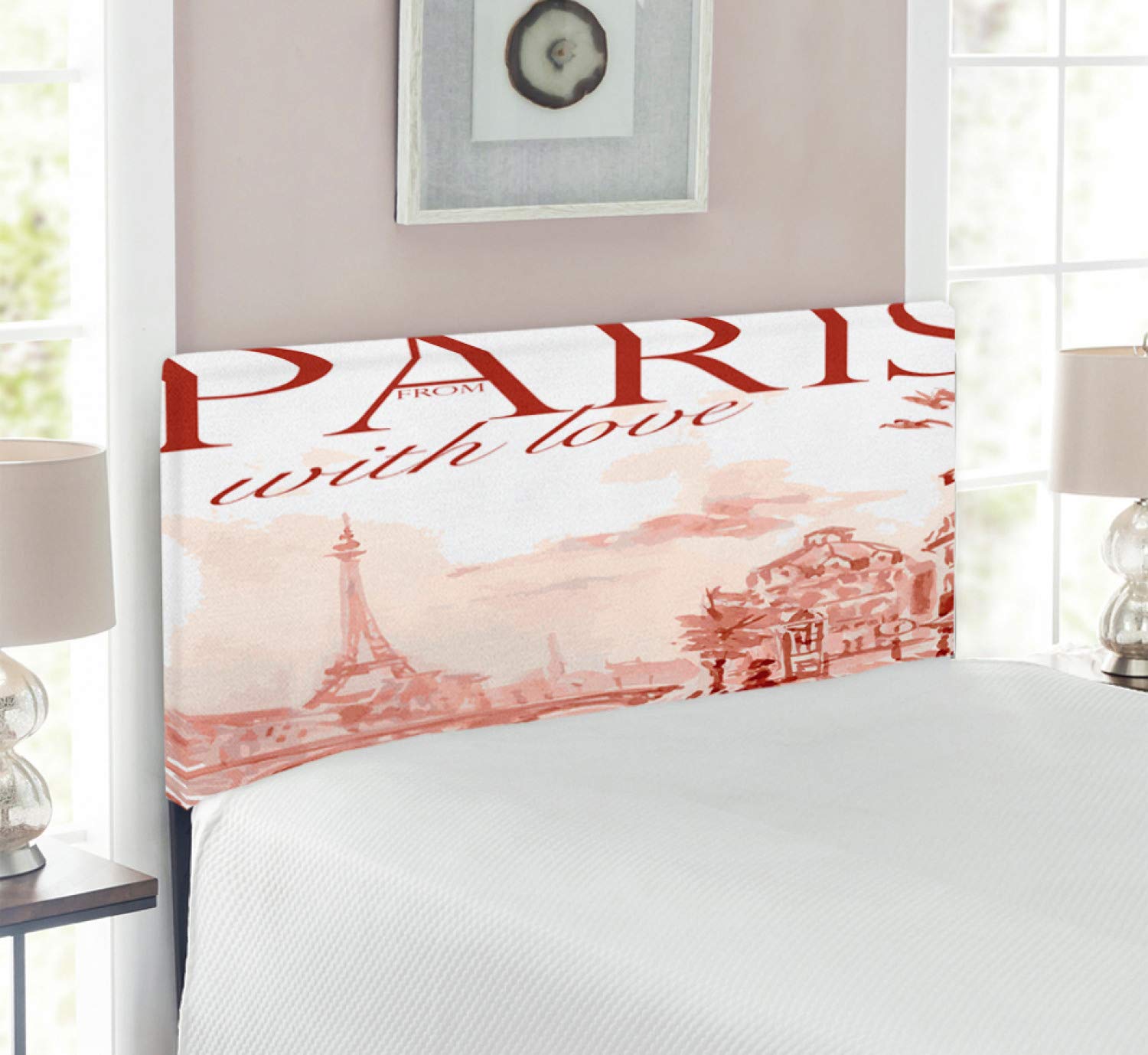 Ambesonne Paris Headboard - Vintage Watercolor Eiffel Tower & Old Streets Design, Upholstered Decorative Metal Bed Frame with Memory Foam Padding, Twin Size Pink Headboard for Bedroom Decor | Perfect for Paris-Themed Bedrooms, Guest Rooms & Cozy Apartment Decor