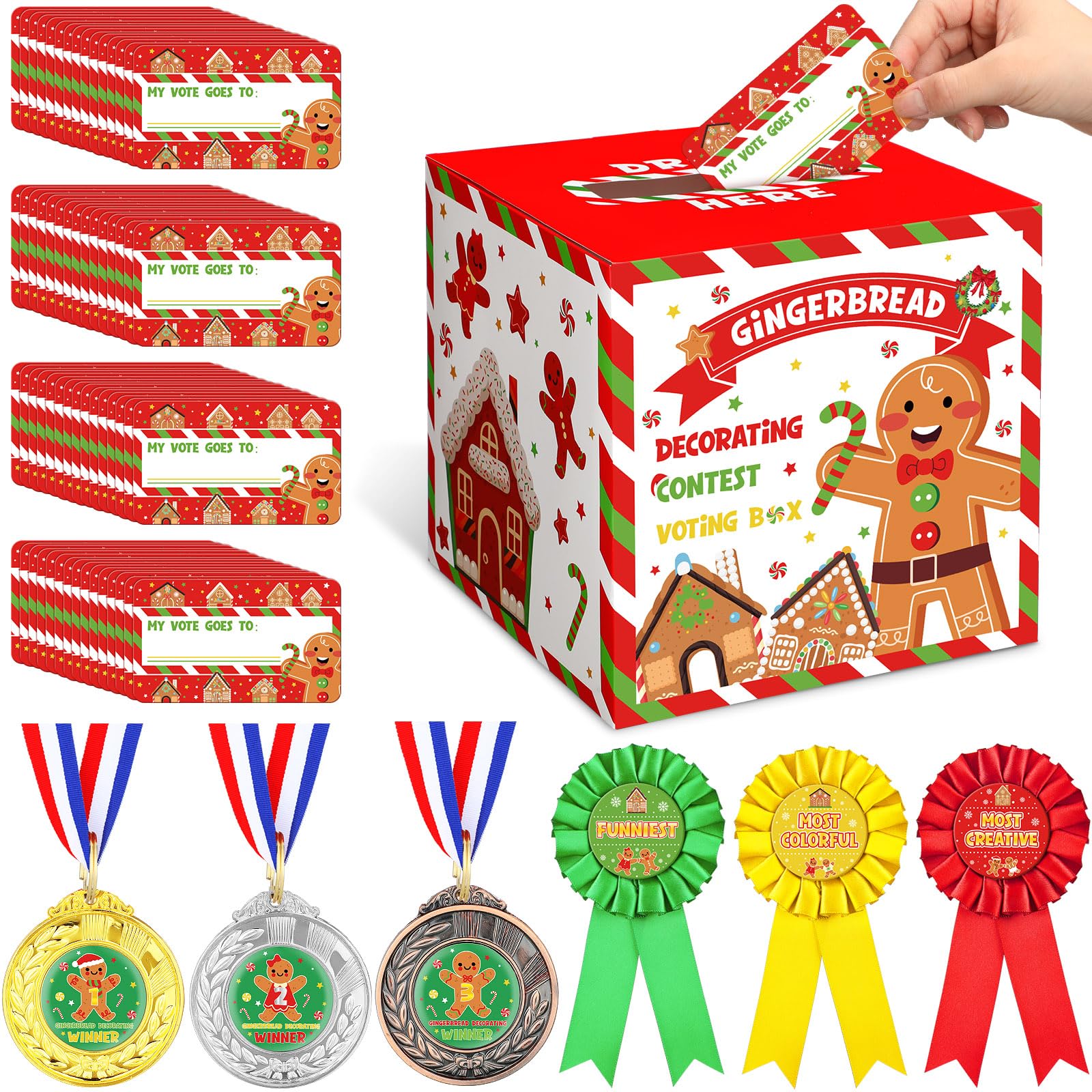 67 Pcs Christmas Gingerbread House Competition Kit with 60 Ballot Cards, 3 Award Ribbons & 3 Medals - Gingerbread House Contest Voting Supplies for Holiday Parties, School Events & Family Gatherings
