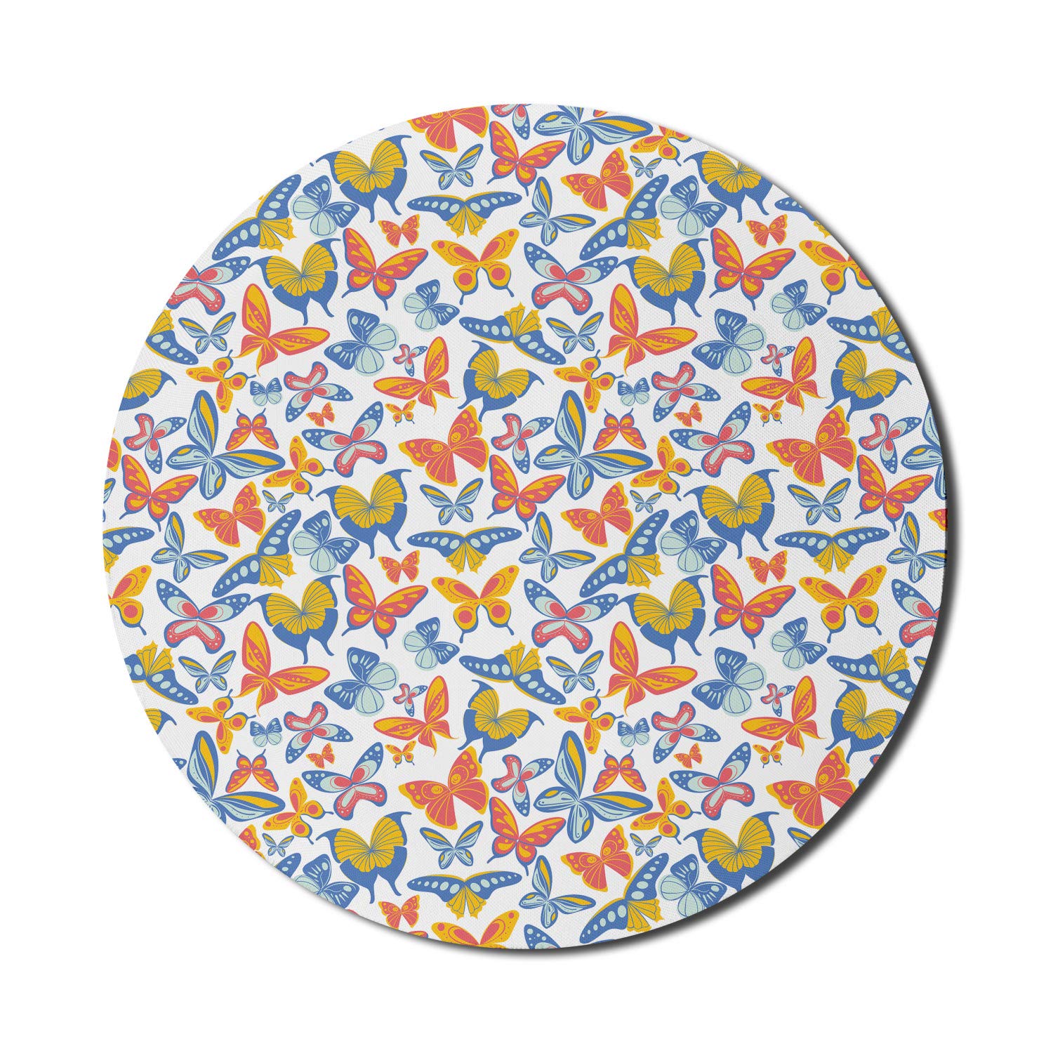 Ambesonne Butterfly Computer Mouse Pad - Non-Slip Thick Rubber Gaming Mousepad with Spring Insects Design, 8 Inch Round Coral Yellow & Blue - Perfect for Office, Gaming & Home Workspace