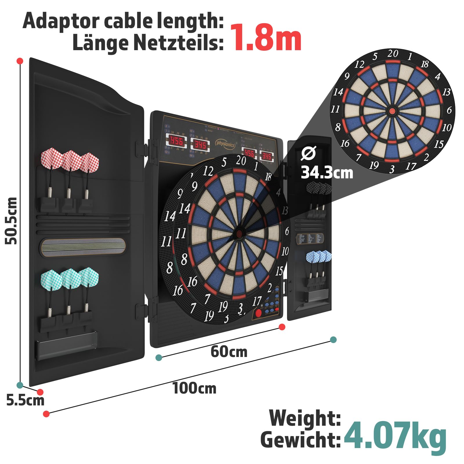 Physionics® Electronic Darts Set with LED Display - 12 Steel Tip Darts, 27/28 Games & 100+ Variations for 16 Players | 3 Models Available - Perfect for Home, Bar & Party Games