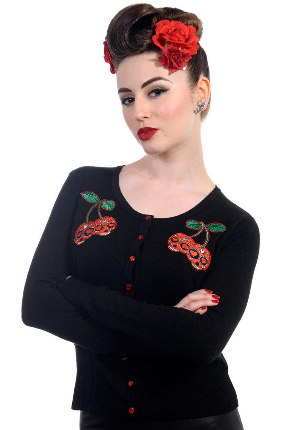 Vintage Rockabilly Punk Cardigan for Women - Skull & Cherry Print Retro Sweater | Perfect for Concerts, Parties & Casual Outfits
