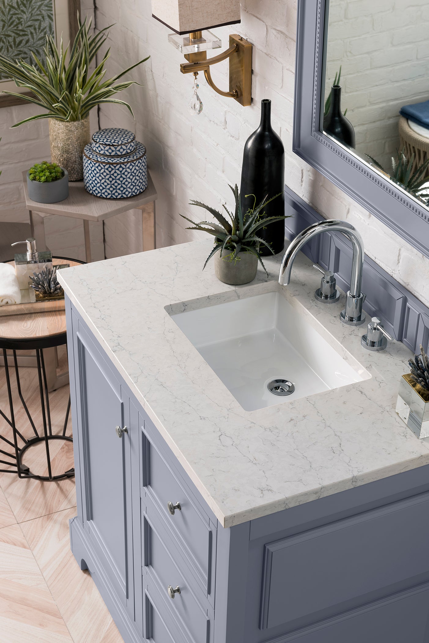 De Soto 36 Inch Single Bathroom Vanity with 3CM Eternal Jasmine Pearl Quartz Top in Silver Gray - Perfect for Modern Master Bathrooms & Guest Baths