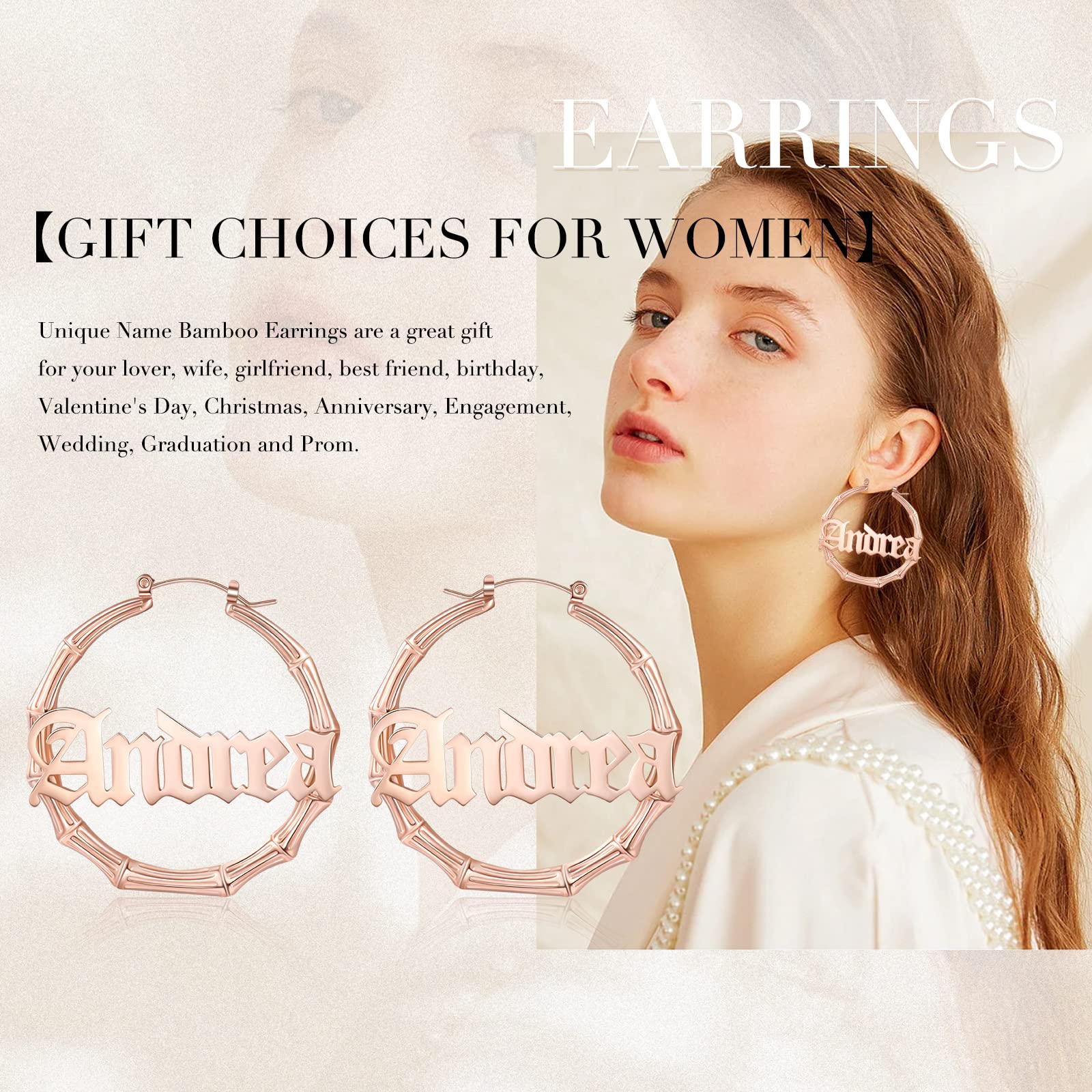 Personalized Name Hoop Earrings for Women - Custom Engraved Bamboo Hoops with Your Name - Fashion Jewelry Gift for Her - Perfect for Birthdays, Anniversaries & Everyday Wear