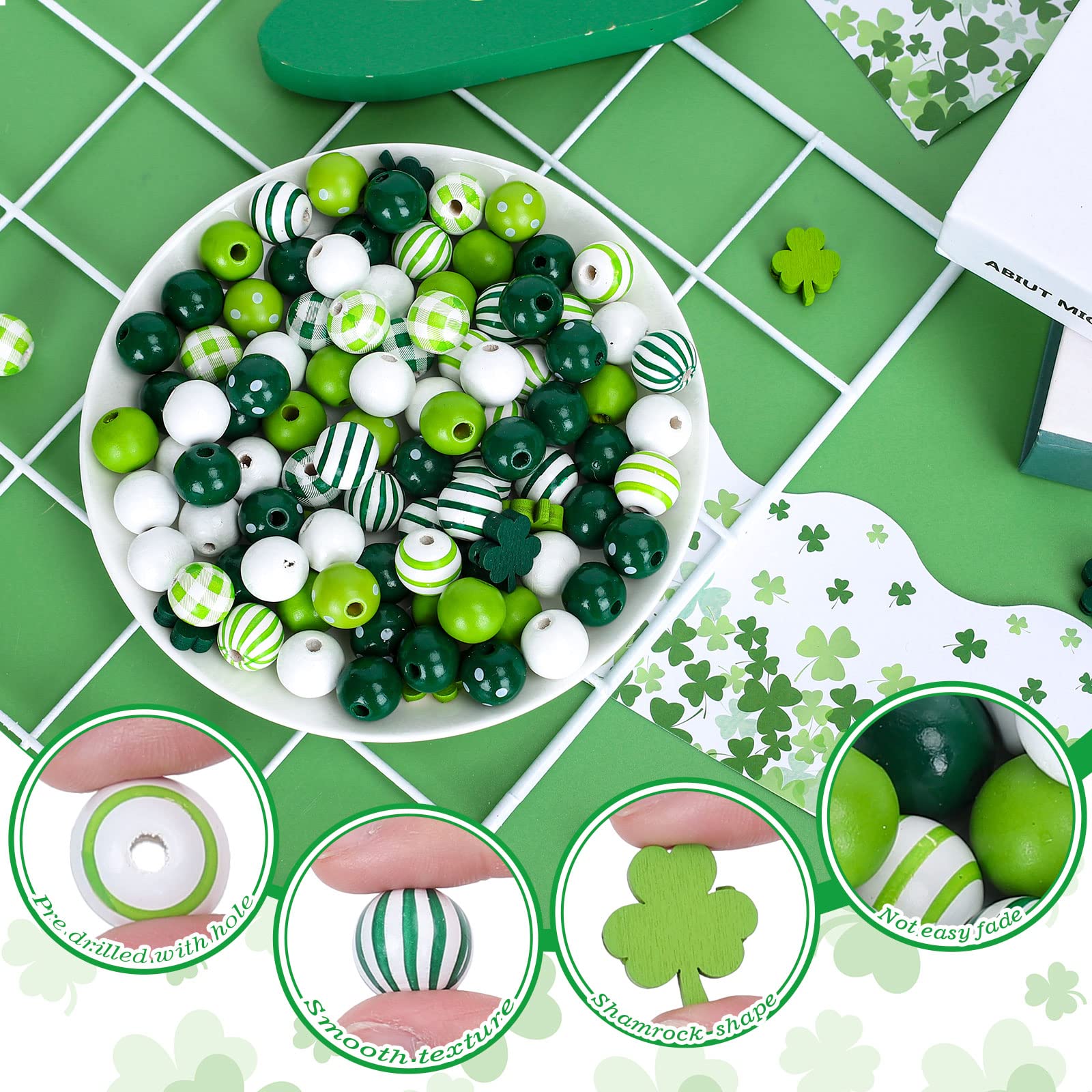 Whaline 220Pcs St. Patrick's Day Wood Beads - Green Shamrock, Round Shape, Plaids & Stripes Prints, Irish Style Assorted Craft Beads with Hemp Rope for DIY Necklace, Bracelet, Keychain & Bead Garland Making Supplies