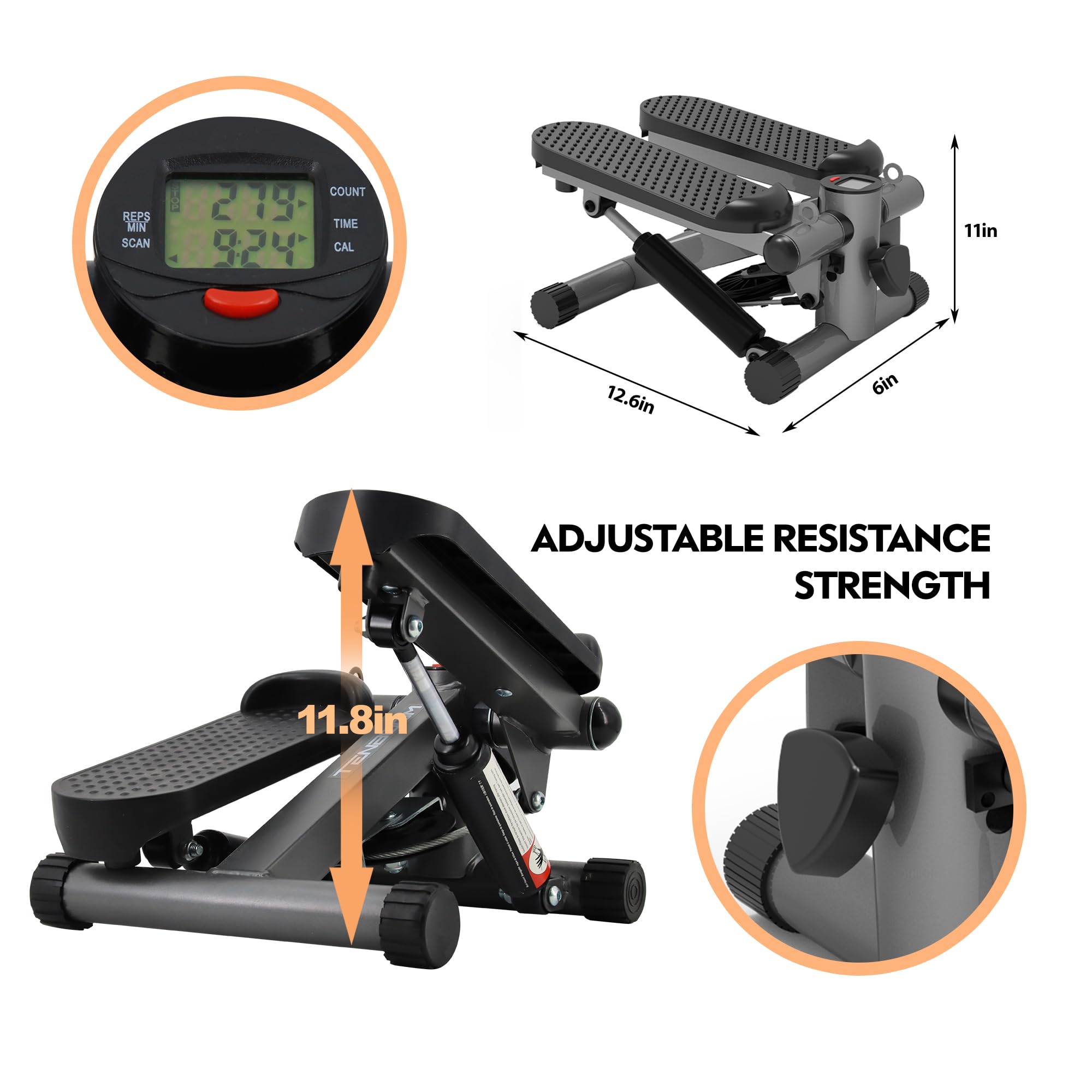 **Hydraulic Fitness Stepper with LCD Monitor - 300LBS Capacity, Resistance Bands - Mini Stair Stepper for Home Workout & Cardio Training | Perfect for Small Spaces, Office & Apartment Fitness**
