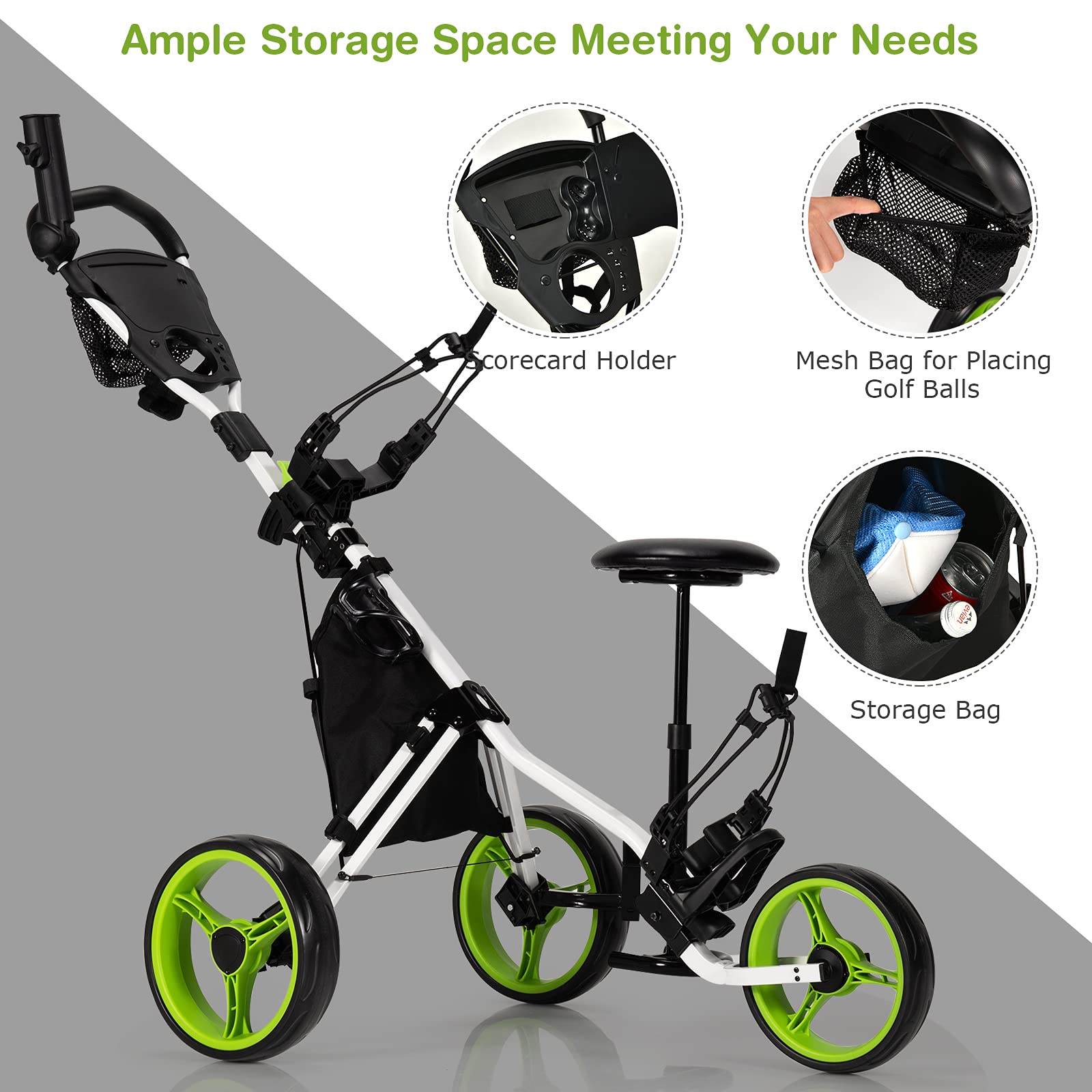 GYMAX 3-Wheel Foldable Golf Push Cart - Adjustable Height Lightweight Golf Caddy with Umbrella Holder, Hydraulic Seat, Storage Bag & Cup Holder | Golf Trolley for Clubs | Perfect for Golf Courses, Driving Ranges & Outdoor Practice