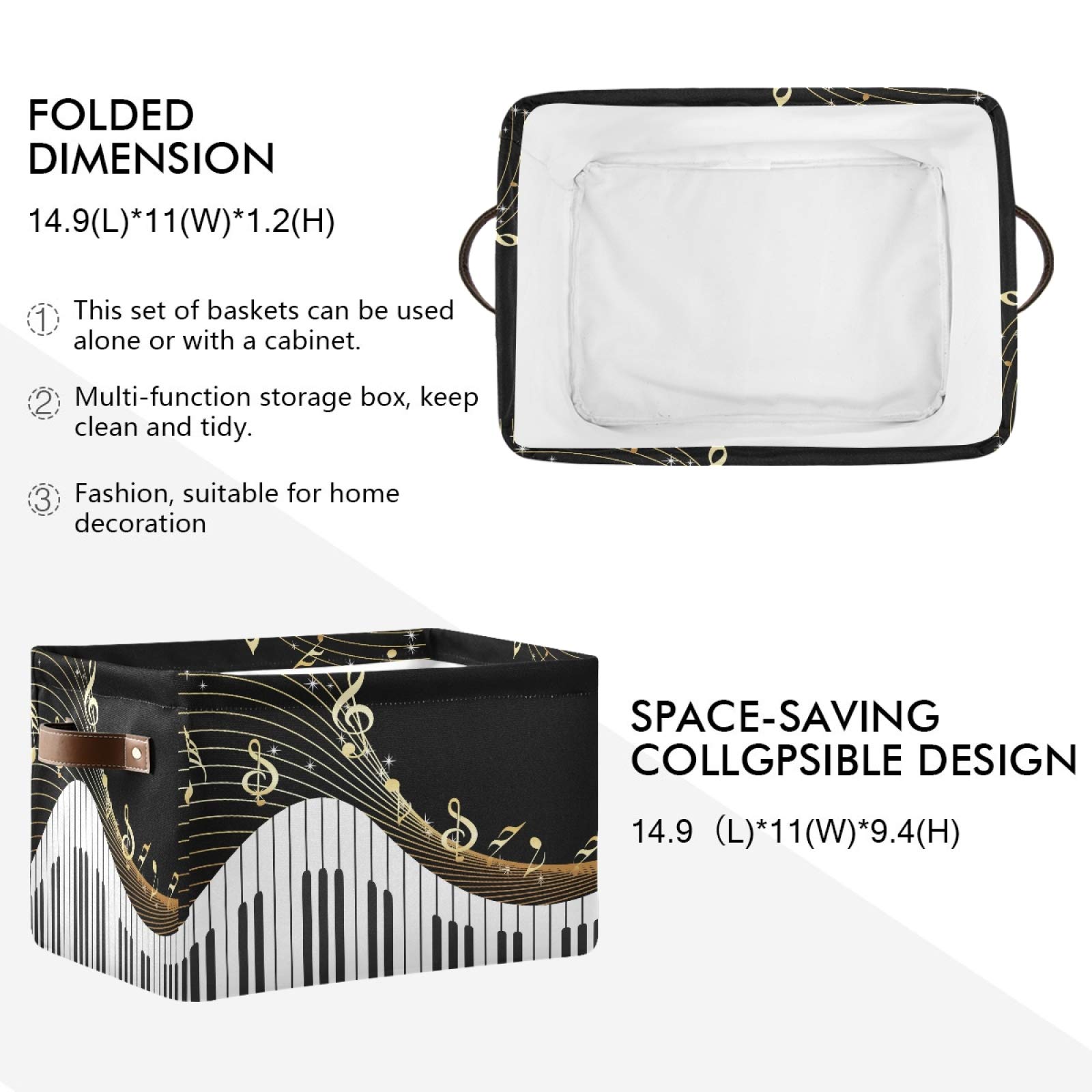 AUUXVA 2-Pack Canvas Storage Baskets with Handles - Collapsible Music Note Design Organizer Bin for Toys, Closet, Shelf, Bedroom & Home Office - Durable & Stylish Home Decor