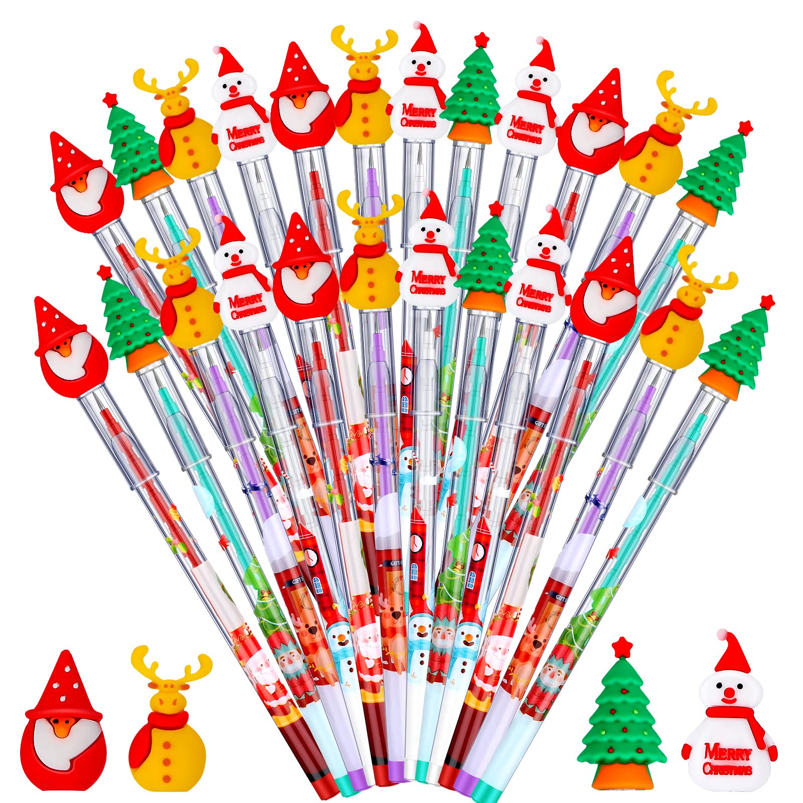 Stackable Christmas Pencils with Santa, Xmas Tree, Deer & Snowman Designs - 24-Pack Holiday Party Favors for School, Office & Kids New Year Celebrations - Perfect for Gift Exchanges, Classroom Rewards & Festive Writing