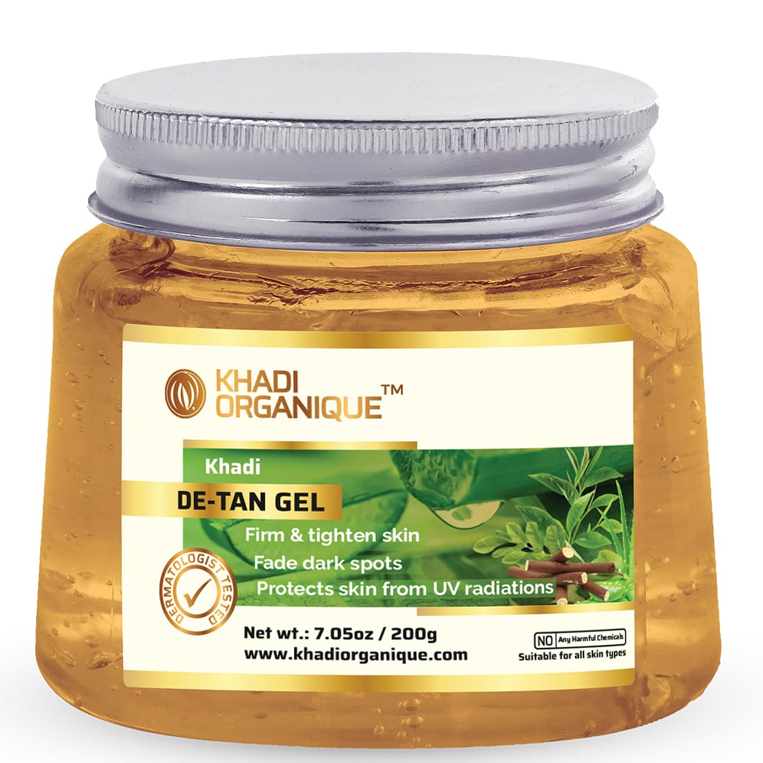 Khadi Organique De-Tan Aloe Vera Gel with Licorice, Green Tea & Algae - Natural Skin Brightening Treatment for Sun Tan, Dark Spots & Acne | Deep Hydrating & Tan Removal | Suitable for All Skin Types - 200gm | Perfect for Post-Sun Care & Daily Skincare Routine