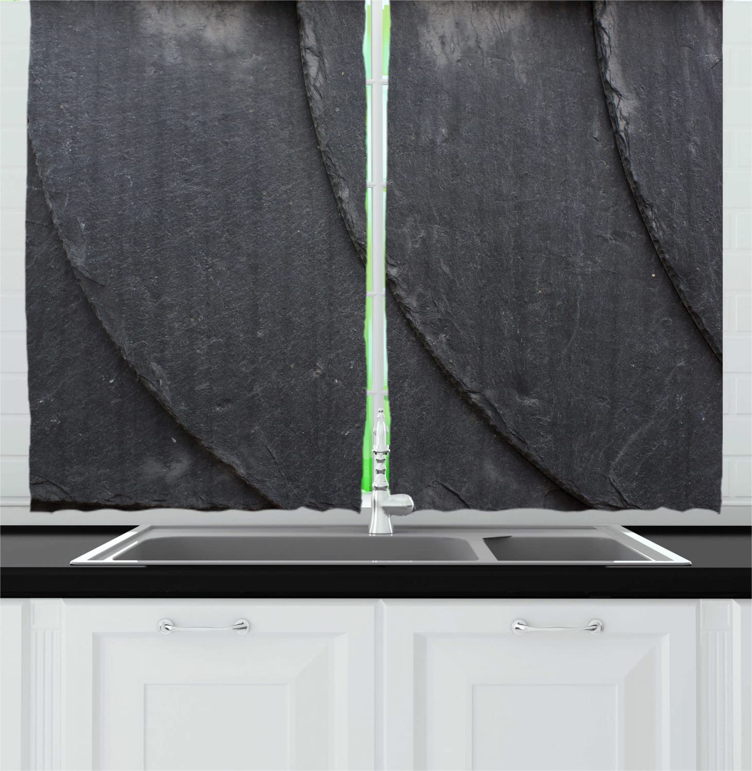 Ambesonne Architecture Long Kitchen Curtains - Modern Monochrome Tile Design with City Construction Theme, 2 Panel Rod Pocket Drapes for Living Room & Dining Room Decor, 55 x 45 Inches, Dark Grey - Perfect for Urban Apartments & Contemporary Homes