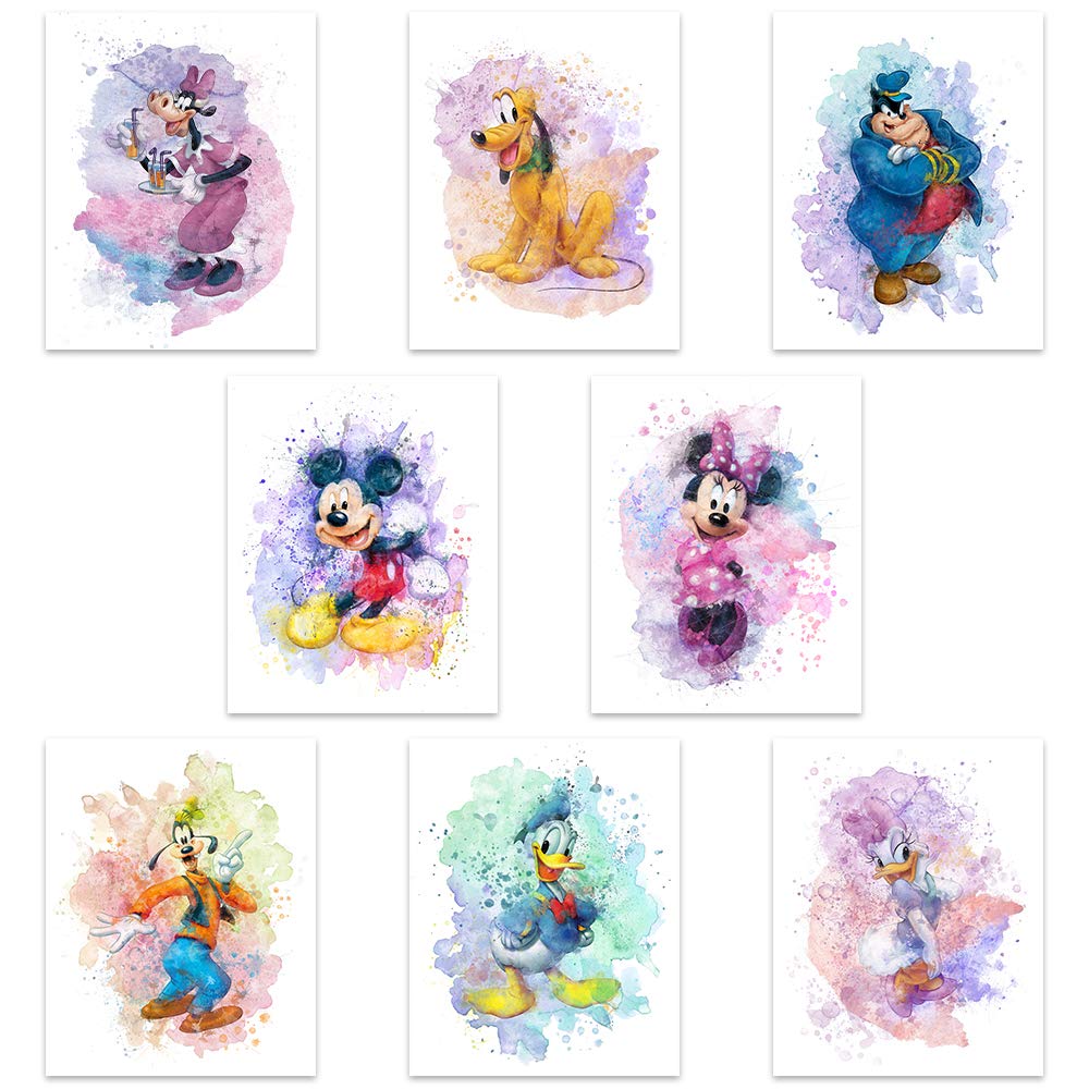 Mickey Mouse Watercolor Prints - Set of 8 Unframed Disney Wall Art (8x10 Inches) - Mickey, Minnie, Donald Duck, Daisy, Goofy & Pluto Posters - Perfect for Kids Room, Nursery, Playroom & Disney Themed Decor