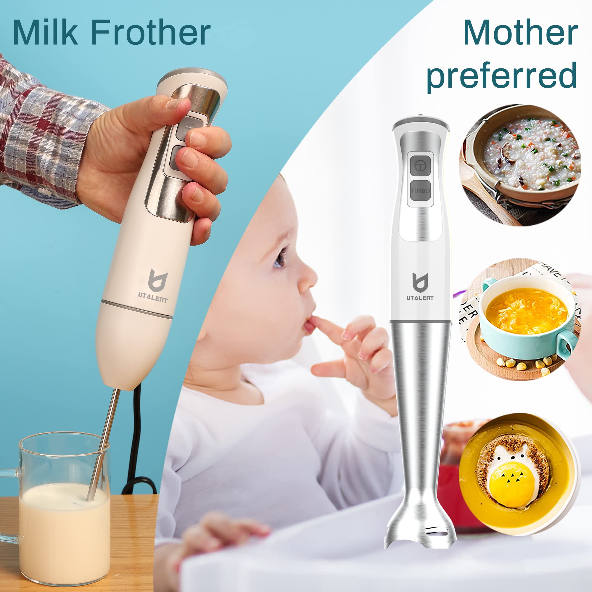 UTALENT 5-in-1 Immersion Hand Blender with 8-Speed Control, 500ml Food Grinder & 600ml Container - White | Perfect for Making Smoothies, Baby Food, Sauces, Soups & Milk Frothing | Ideal for Kitchen, Baby Care & Healthy Cooking