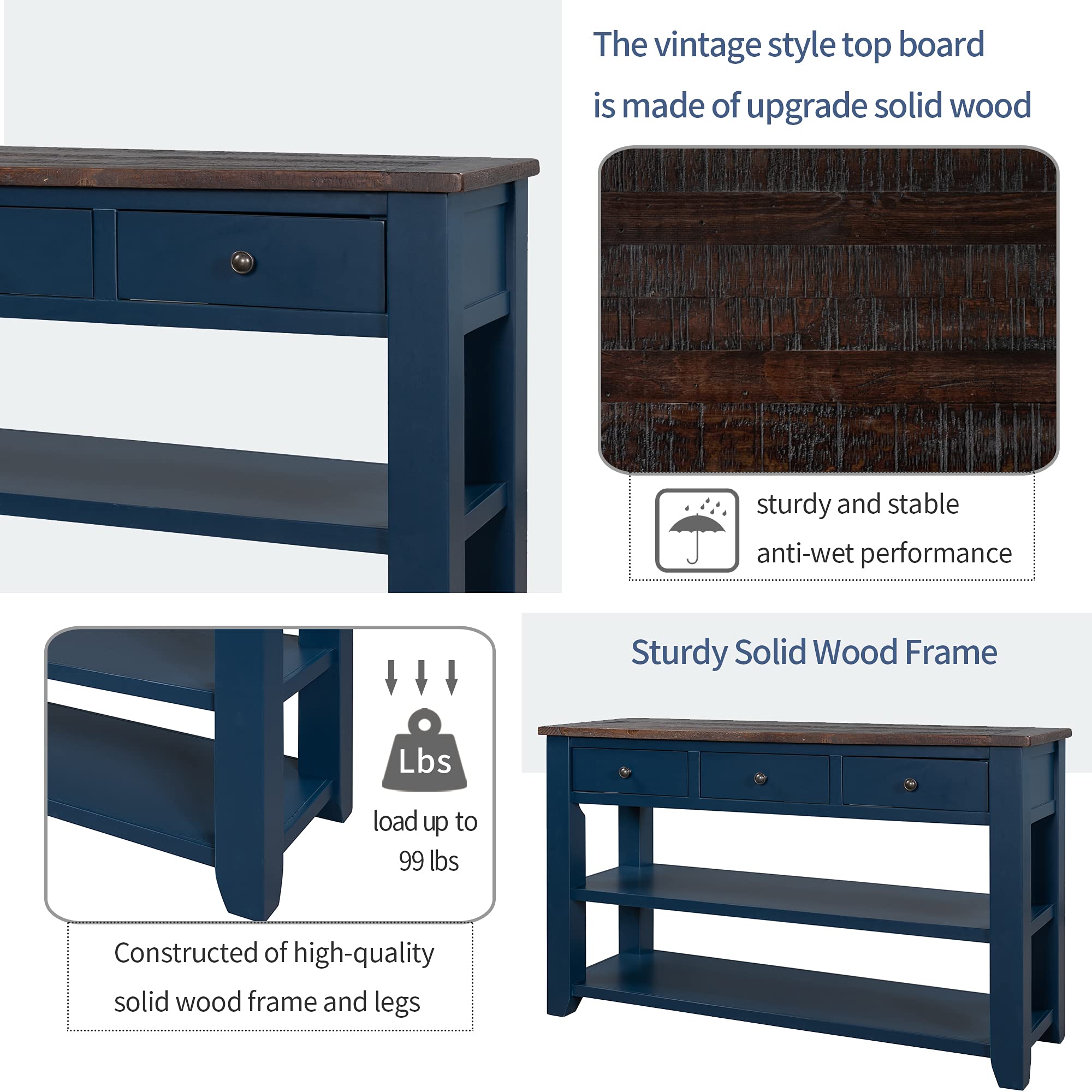 Modern Solid Wood Console Table with 3 Drawers & 2 Shelves - 48