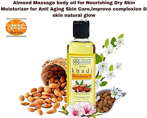 KHADI RISHIKESH Herbal Almond Massage Oil - 210ml for Full Body Massage, Skin Lightening & Brightening with Olive & Jojoba Oil | Acne Treatment, Deep Moisturizer | Stress Relief & Pain Relief for Women & Men | Perfect for Spa, Aromatherapy & Relaxation at Home