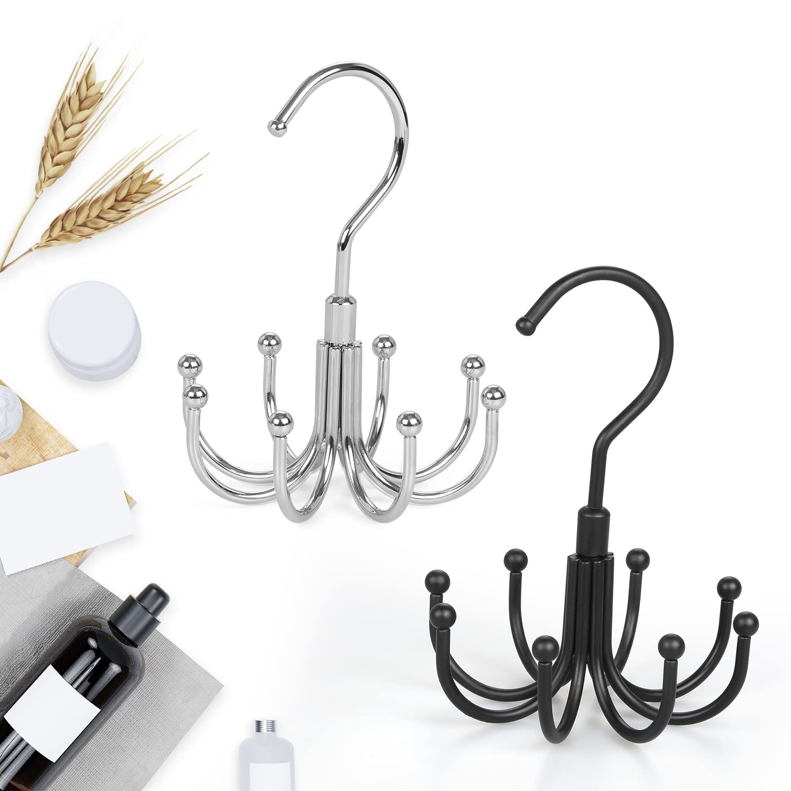 360° Rotatable Belt Organizer & Closet Storage Hook - 2-Pack with 8 Hooks for Belts, Ties, Scarves, Purses & More | Space-Saving Accessory Organizer for Closet, Wardrobe & Bedroom (Black)