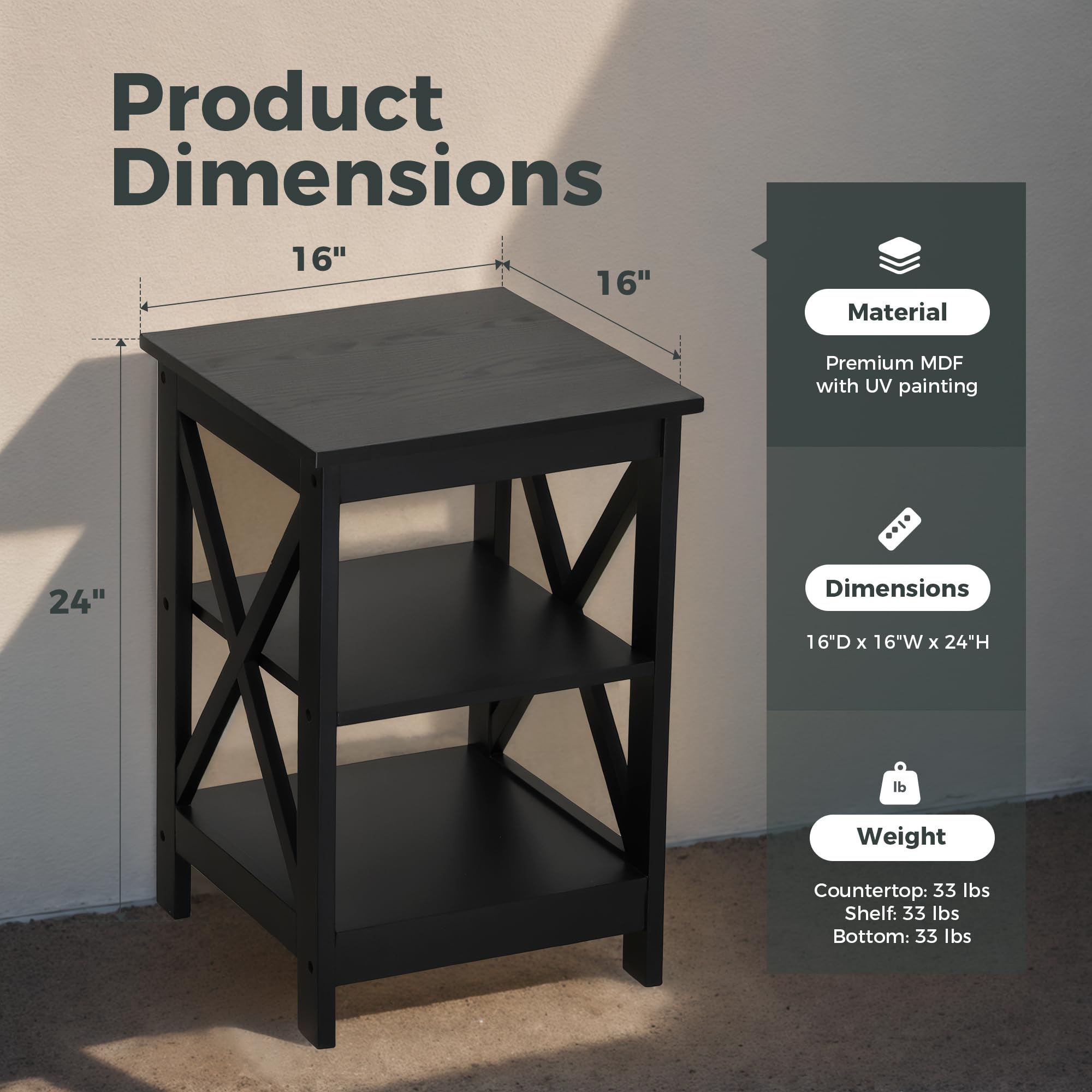 MAISON ARTS Black End Tables Set of 2 - 3-Tier Modern Nightstands for Living Room & Bedroom, Farmhouse Small Side Tables - Perfect for Coffee Storage, Reading Lamps, and Bedside Essentials