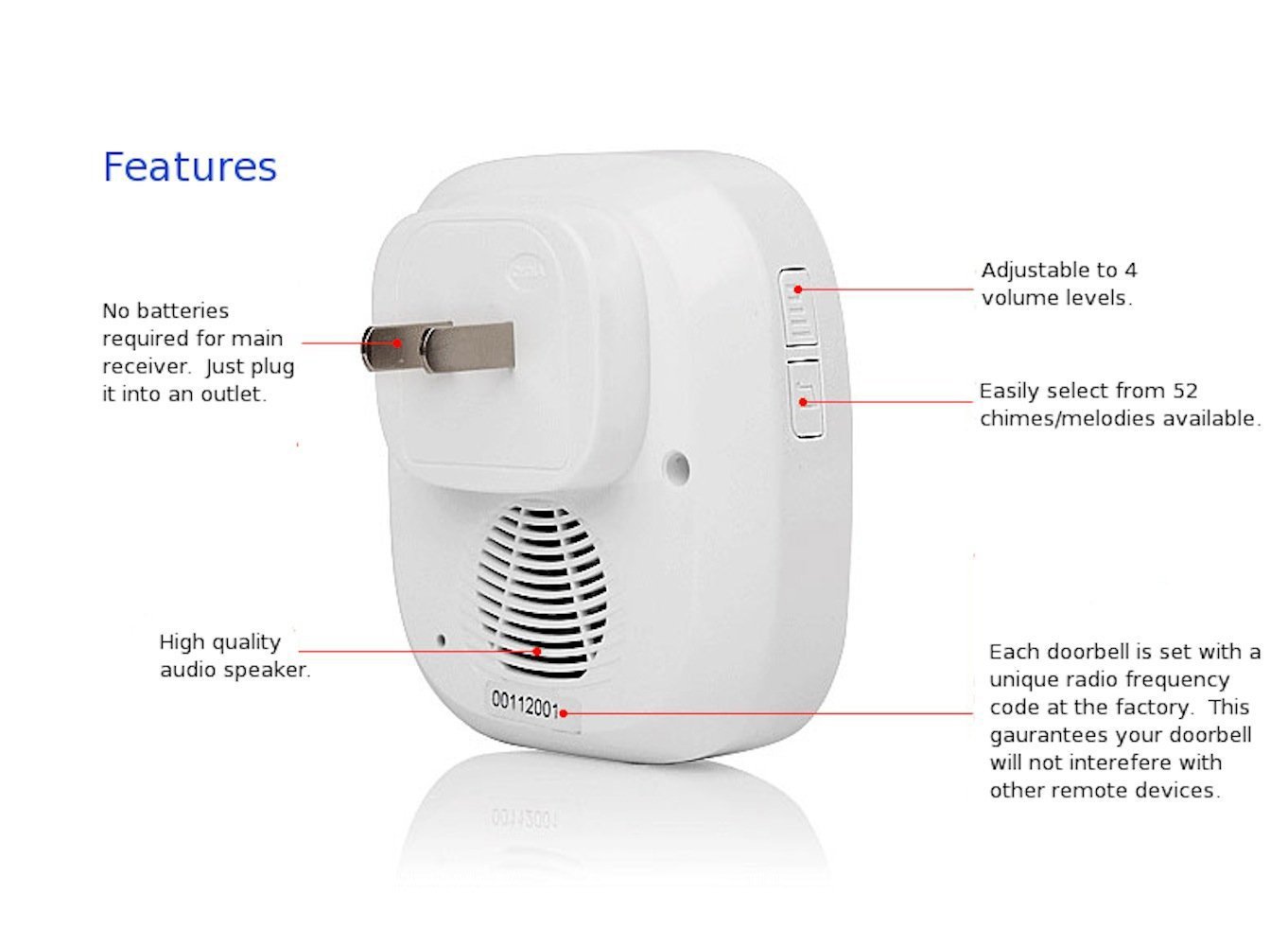Wireless Doorbell with Remote Button & 2 Plug-in Receivers - 1000ft Range, 52 Chime Tones, No Receiver Batteries Needed - Perfect for Homes, Offices & Apartments