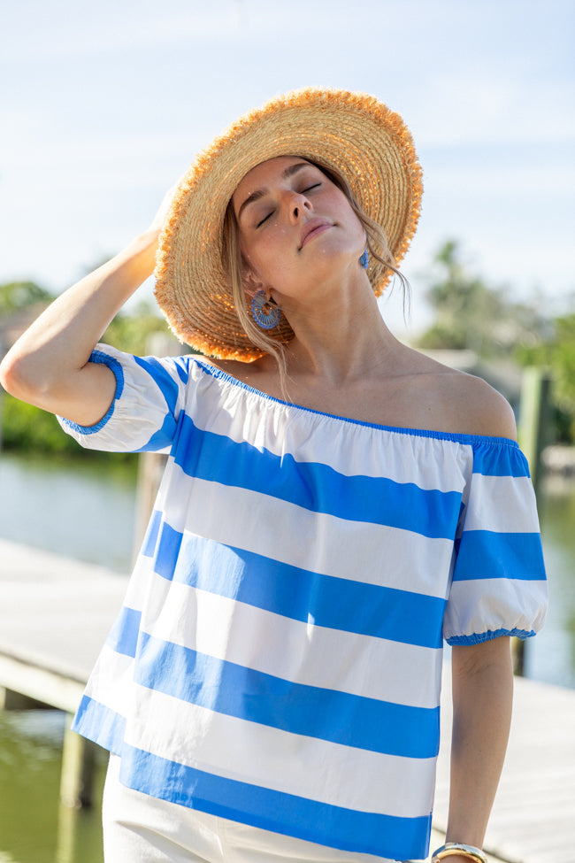 Never Want To Leave Blue Oversized Stripe Off The Shoulder Top - Women's Fashion Trendy Casual Blouse for Summer Beach & Date Night Outfits