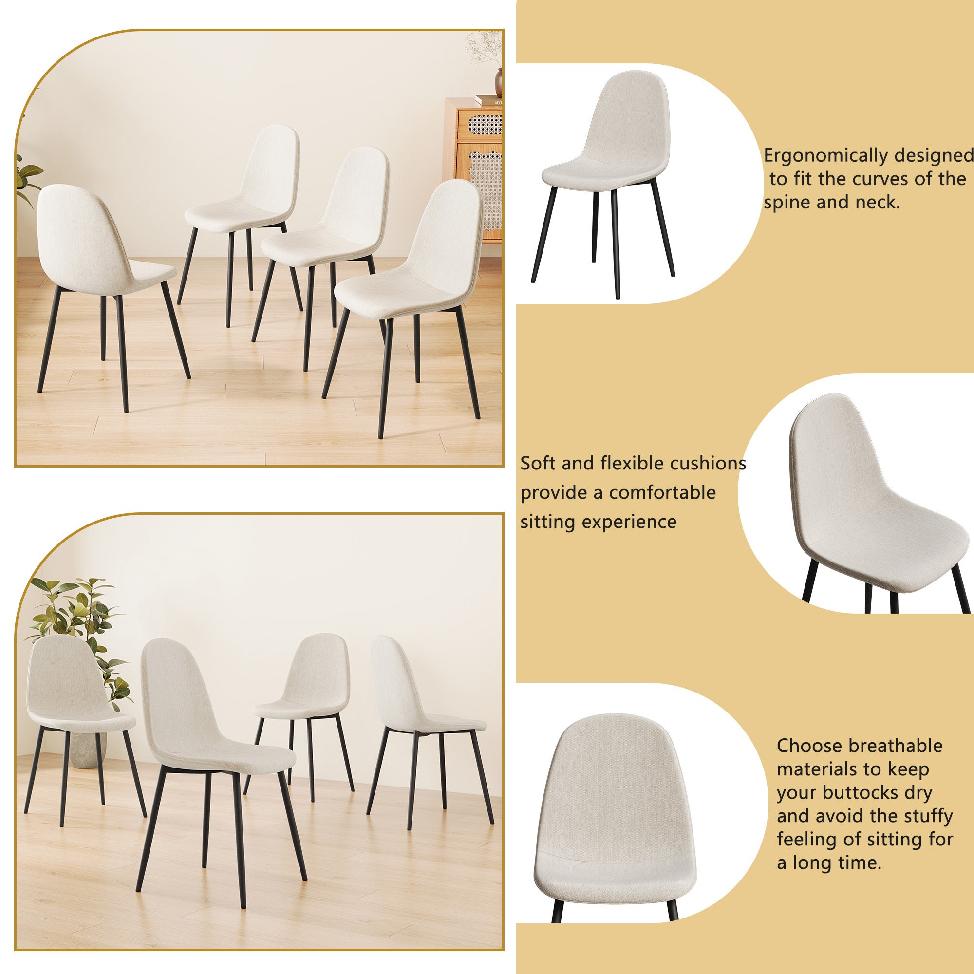 4-Piece Modern Dining Chairs Set - Linen Padded Seats with Sturdy Black Metal Legs (Beige) - Perfect for Kitchen, Dining Room, Home & Office Use