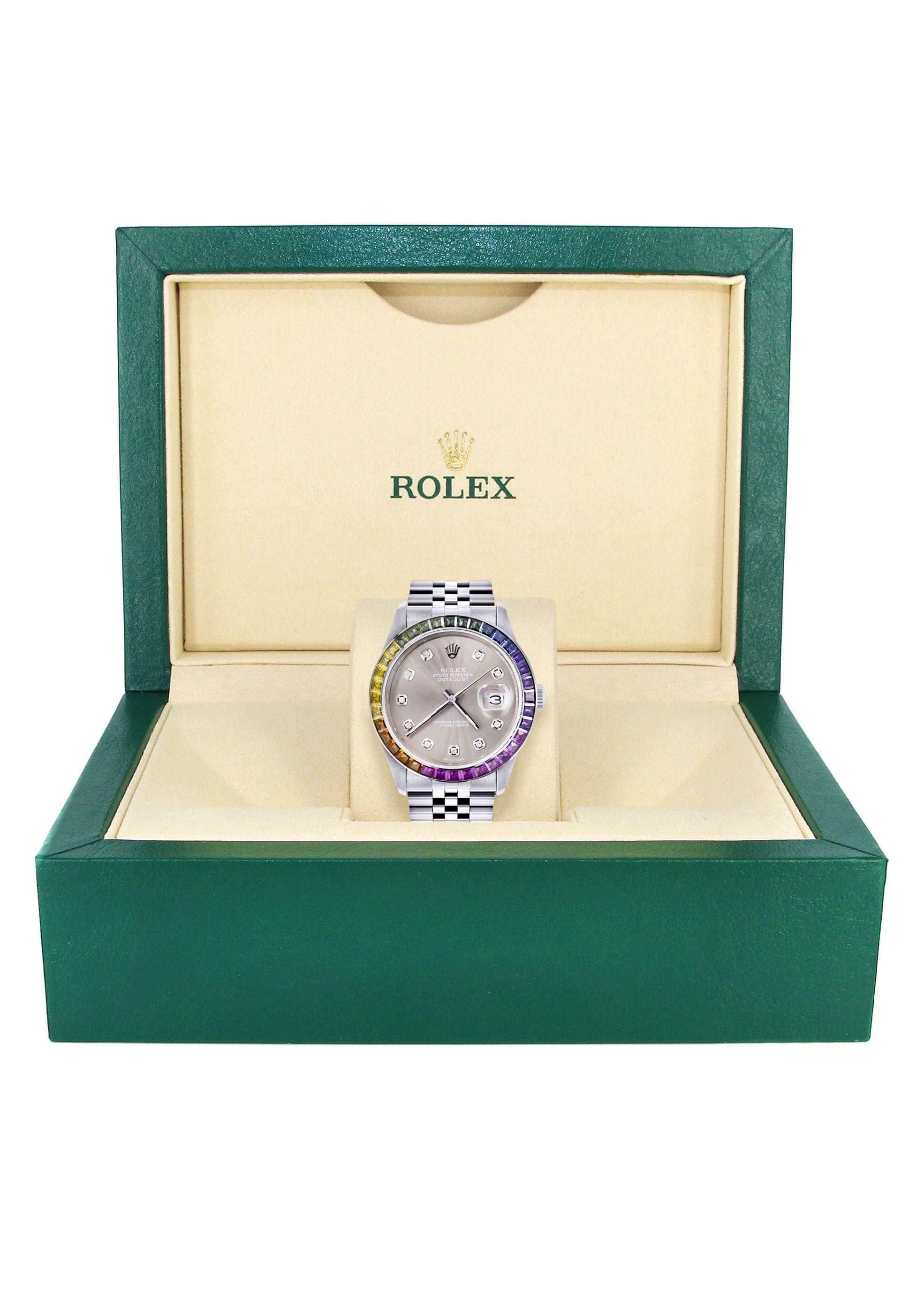 Luxury Diamond Gold Rolex Watch For Men 16200 | 36mm Stainless Steel | Rainbow Sapphire Bezel | Grey Dial | Jubilee Bracelet | Perfect for Gifts, Weddings & Special Occasions