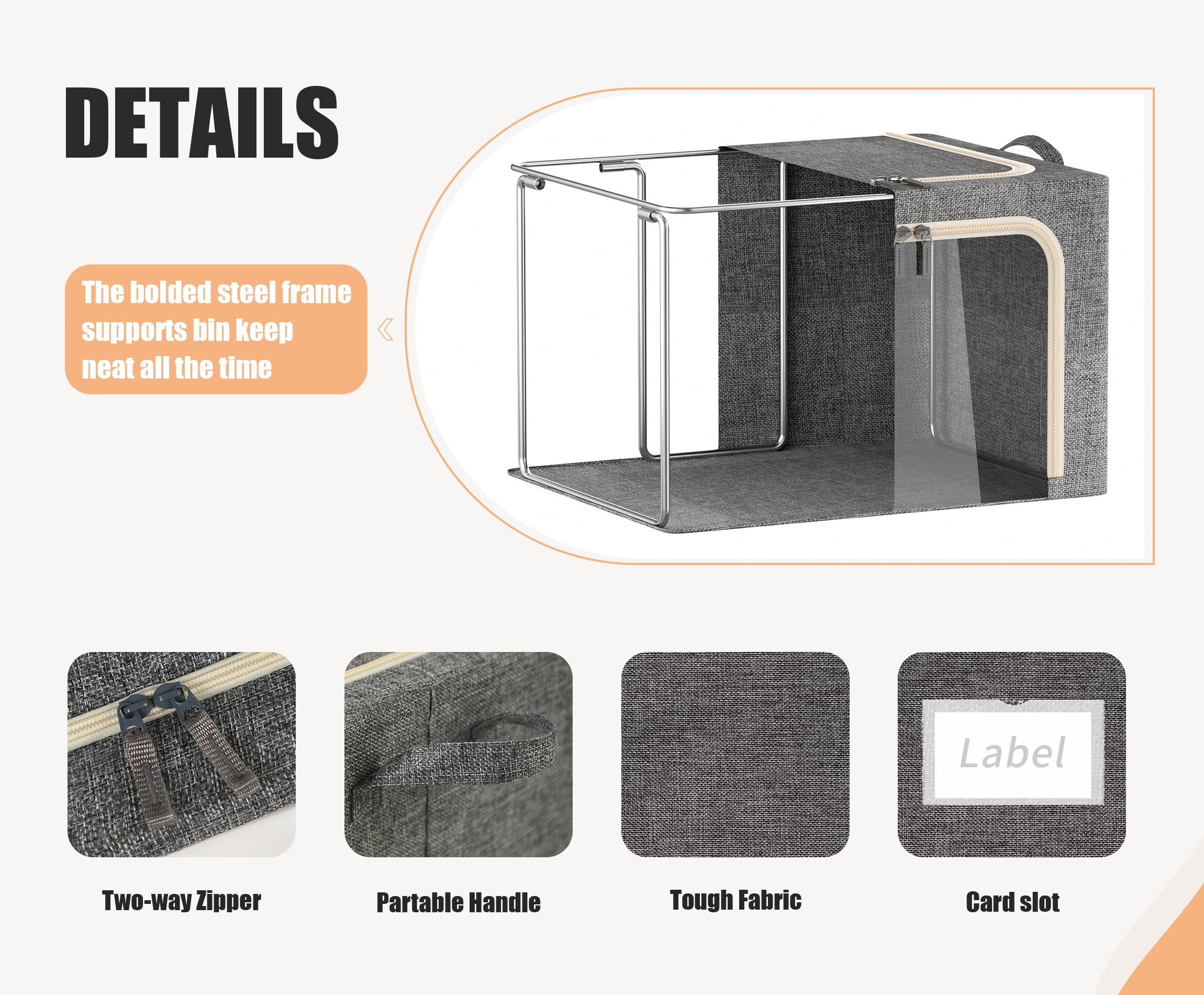 3-Pack Foldable Clothes Storage Bins with Metal Frame & Clear Window - 40L Dark Grey Linen Storage Box with Zipper Lid & Durable Handles | Perfect for Closet Organization, Seasonal Clothing Storage & Underbed Organization