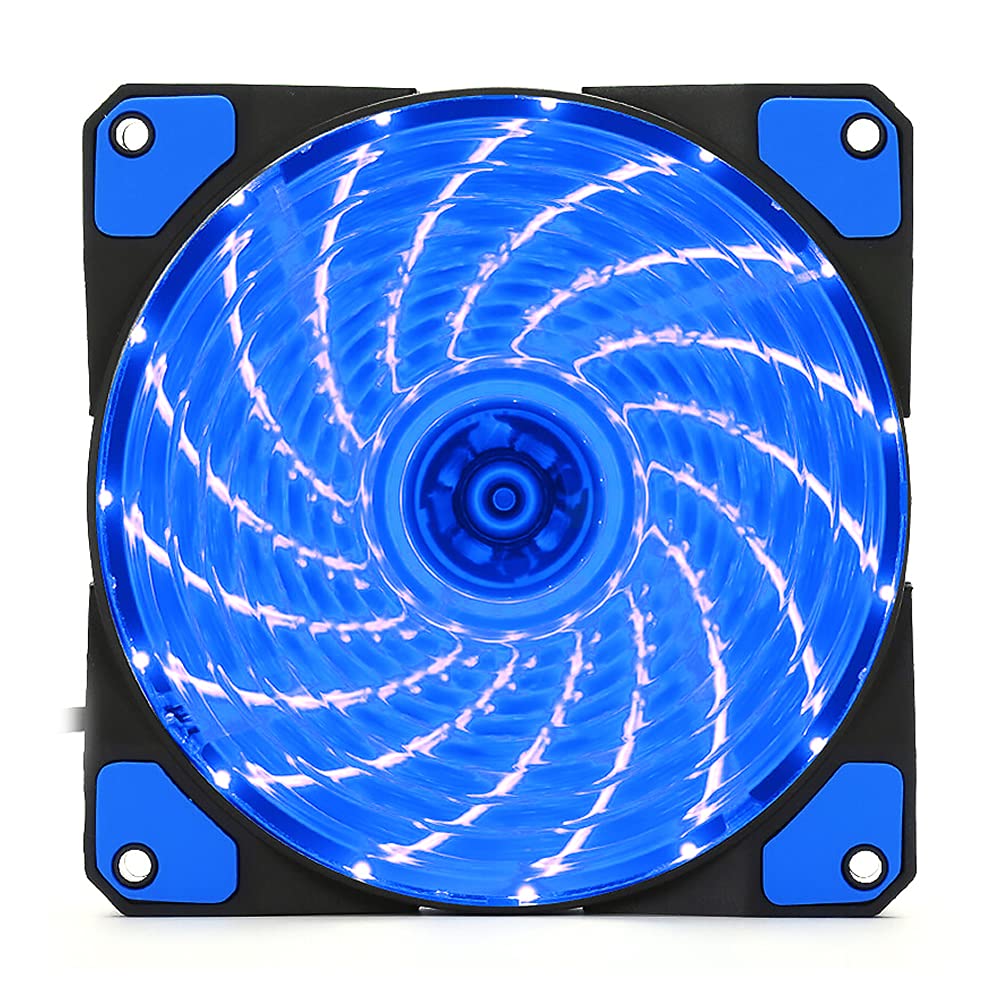 JEDEL 120mm PC Case Cooling Fan with 15 Blue LED Lights - Ultra Quiet Padded Design, 3-Pin & 4-Pin Molex Connectors for Computer Case, CPU Cooler, Gaming PC, and Desktop Cooling System
