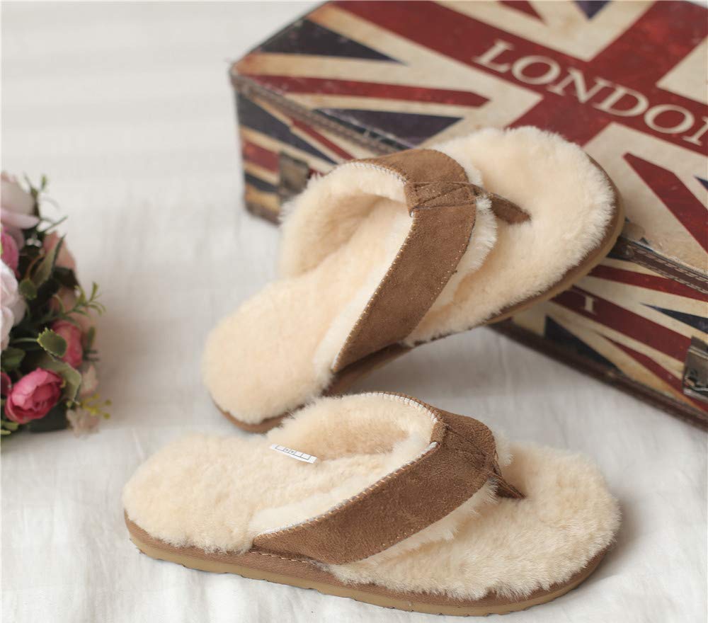 Genuine Sheepskin Fur Lined Flip Flops - Winter Warm Unisex Slides with Real Sheep Leather & Suede Sole for Men & Women | Cozy Indoor/Outdoor House Slippers for Cold Weather Comfort