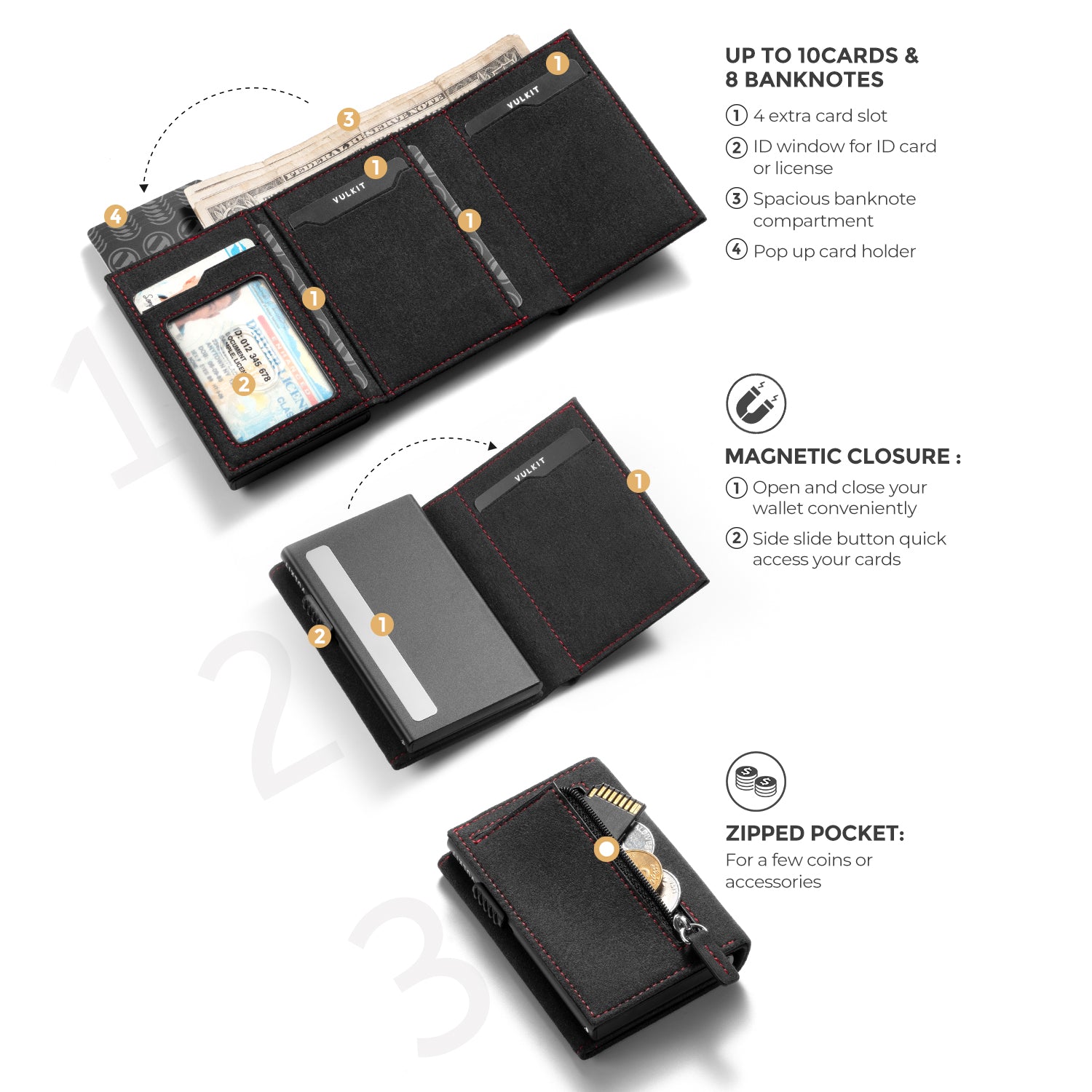 Premium VC302A Alcantara Leather Tri-Fold Wallet with Spacious Banknote Pocket, Back Zipper Slot & Magnetic Closure - Perfect for Men's Everyday Carry, Business & Travel