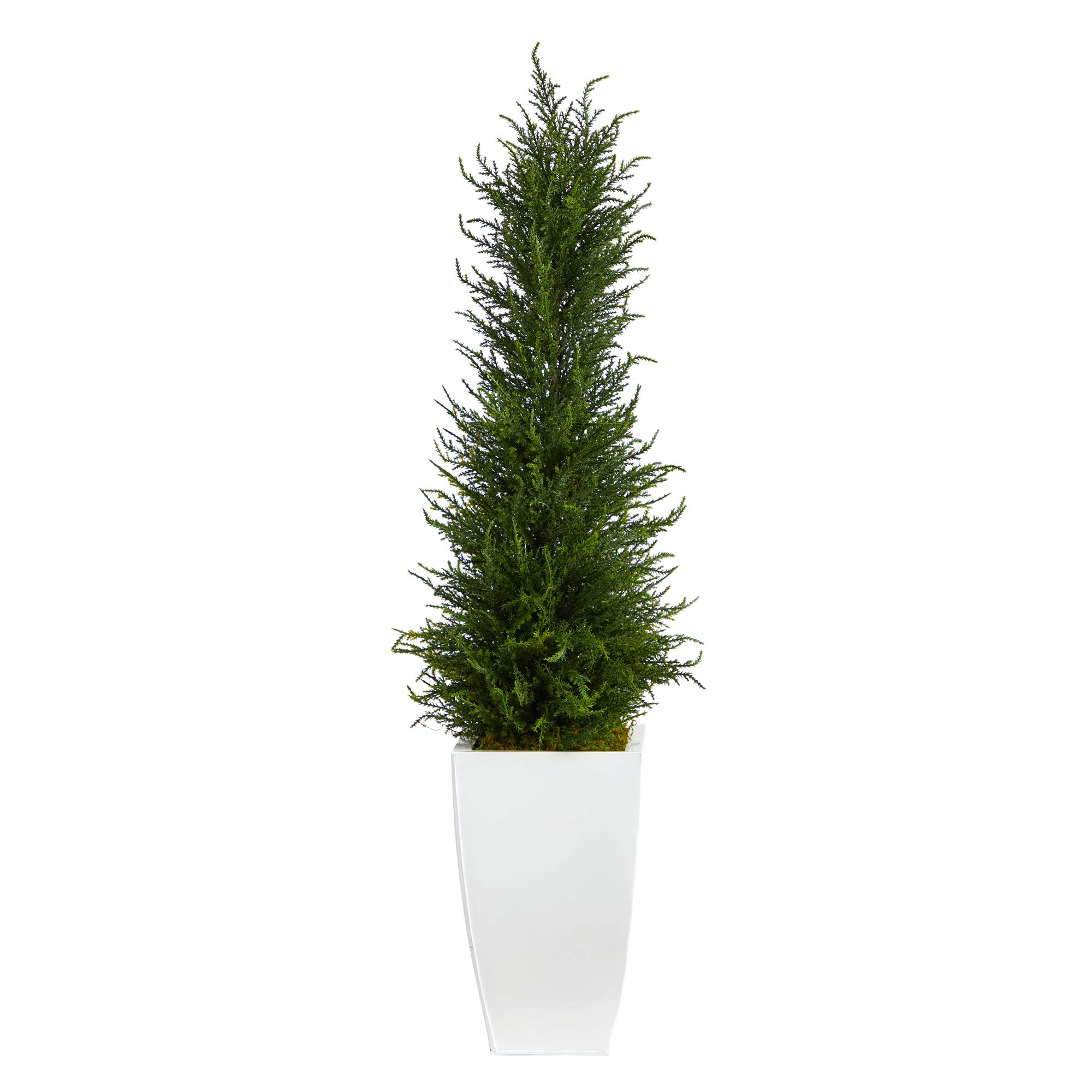 Nearly Natural 3.5ft UV Resistant Artificial Cypress Tree in White Metal Planter - Indoor/Outdoor Faux Plant for Home, Office, Patio & Garden Decor