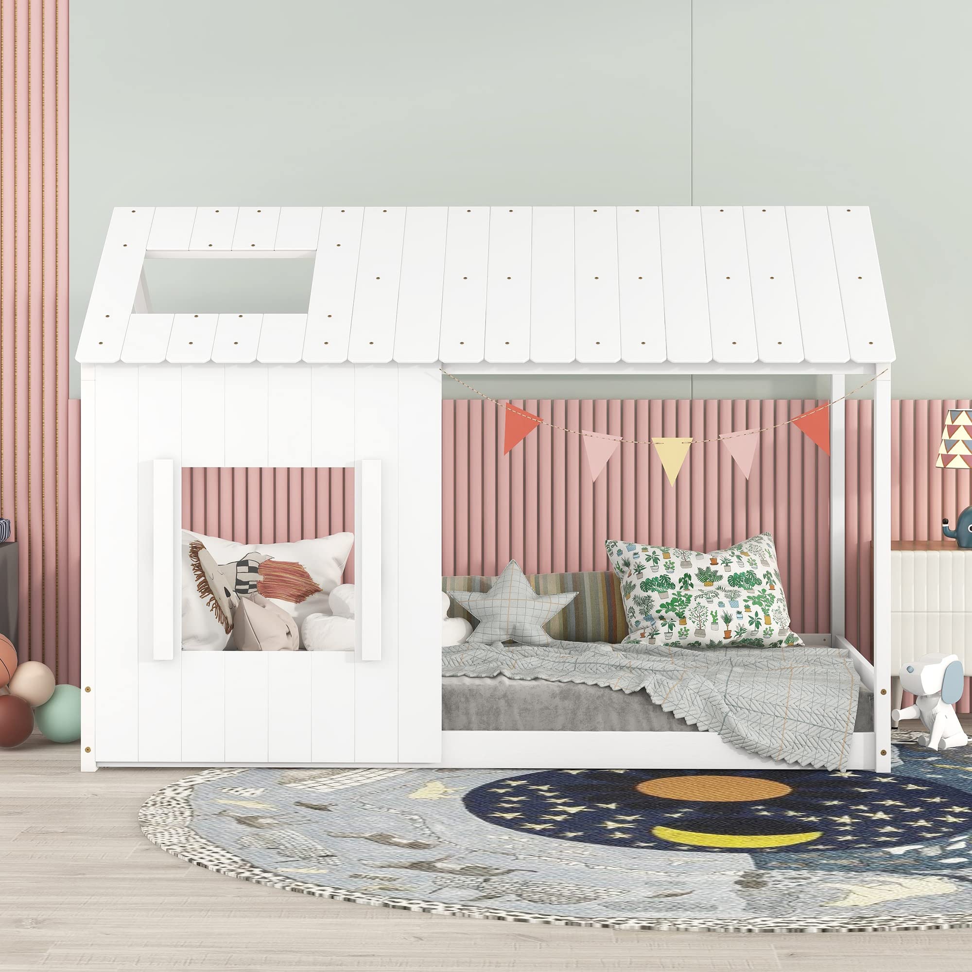 Montessori Twin Size Floor Bed with Roof & Window - Solid Wood Platform Bed Frame for Kids, Teens, Girls & Boys - White - Perfect for Playrooms, Bedrooms & Montessori Learning Spaces