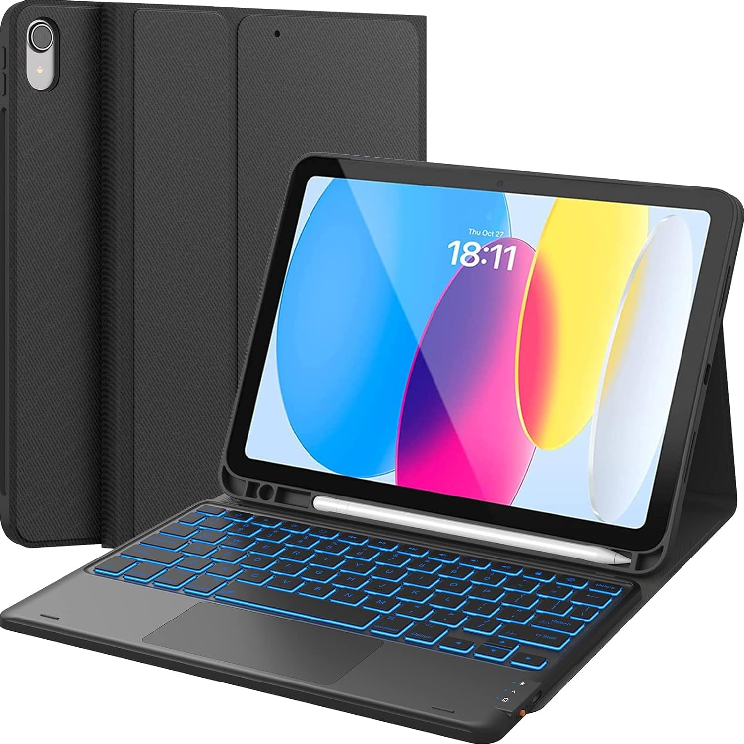 CHESONA iPad 10th Generation Keyboard Case with 7-Color Backlit, Multi-Touch Trackpad, Flip Stand & Apple Pencil Holder - Compatible with iPad 10th/11th Gen (2022/2025 Model A16) - Perfect for Work, Study & Travel - Black