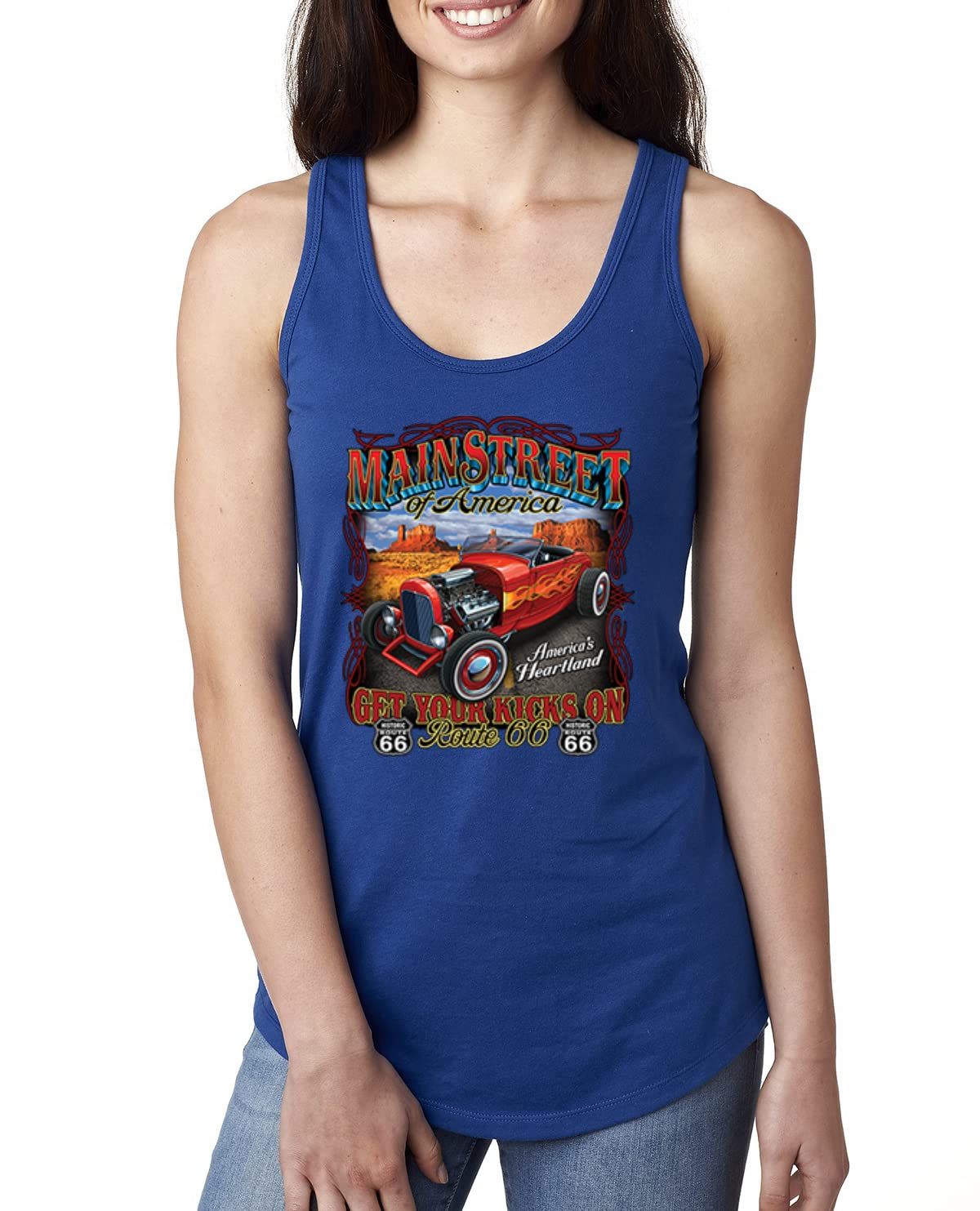 Vintage Route 66 Hot Rod Cars & Trucks Graphic Racerback Tank Top for Women - Perfect for Road Trips, Car Shows & Summer Adventures