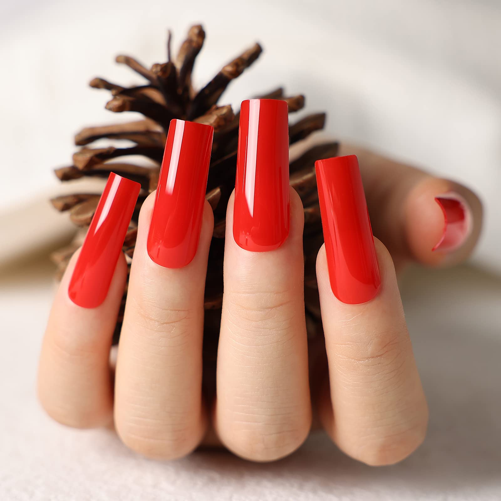 Kikmoya Extra Long Square Press on Nails - Glossy Red Fake Nails, Full Cover False Nail Tips, Acrylic Stick on Nails for Women - Perfect for Parties, Weddings, and Everyday Manicure