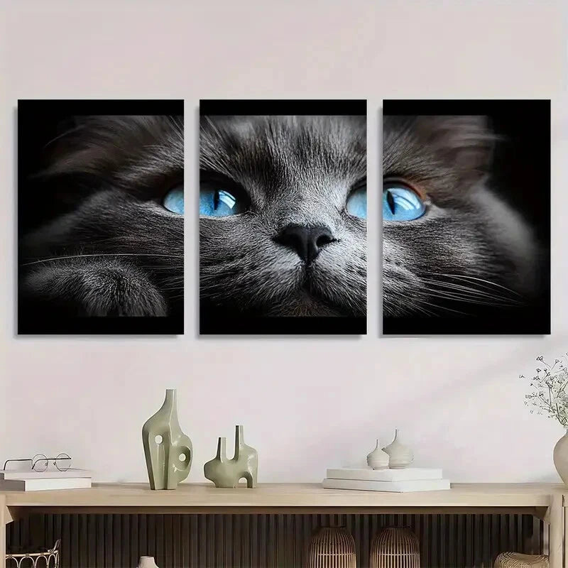 3pcs Black and White Cat with Blue Eyes Metal Wall Art - Ready to Hang Home Decor for Living Room, Bedroom, Office (12x12 Inches) - Perfect Gift for Cat Lovers, Pet Owners & Animal Enthusiasts