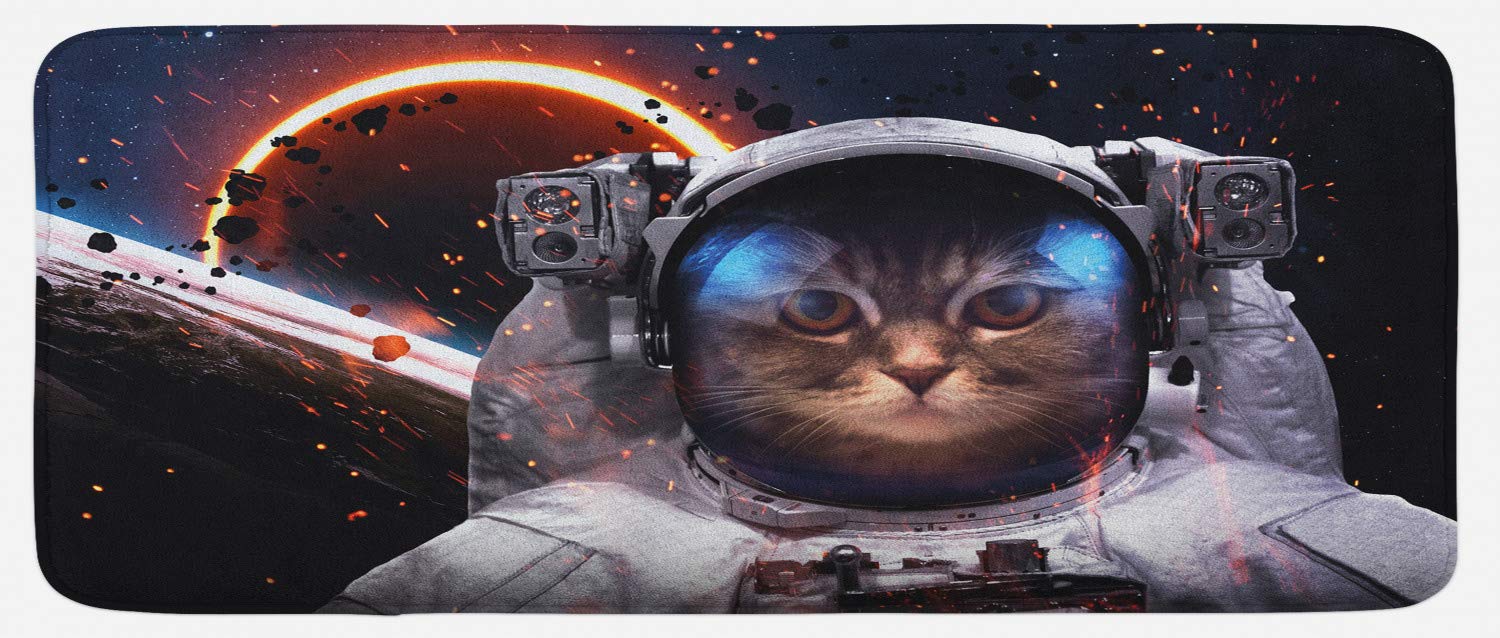 Ambesonne Space Cat Kitchen Mat - Non-Slip Plush Cosmonaut Galaxy Print Rug, 47x19 Inch Dark Blue & White - Perfect for Kitchen, Bathroom, or Entryway Decor