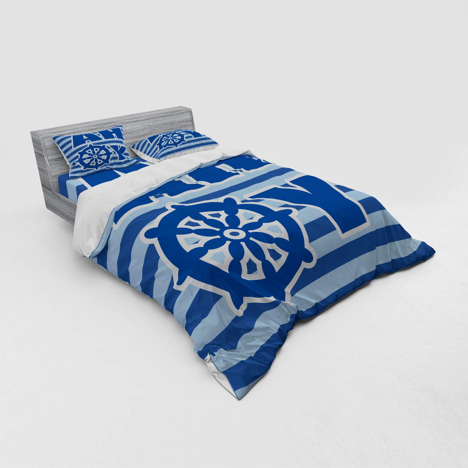 Ambesonne Nautical Wheel Striped 3-Piece Queen Duvet Cover Set with Sham & Fitted Sheet - Pale Blue White Blue Modern Bedding for Reveal Party & Coastal Themed Bedroom Decor