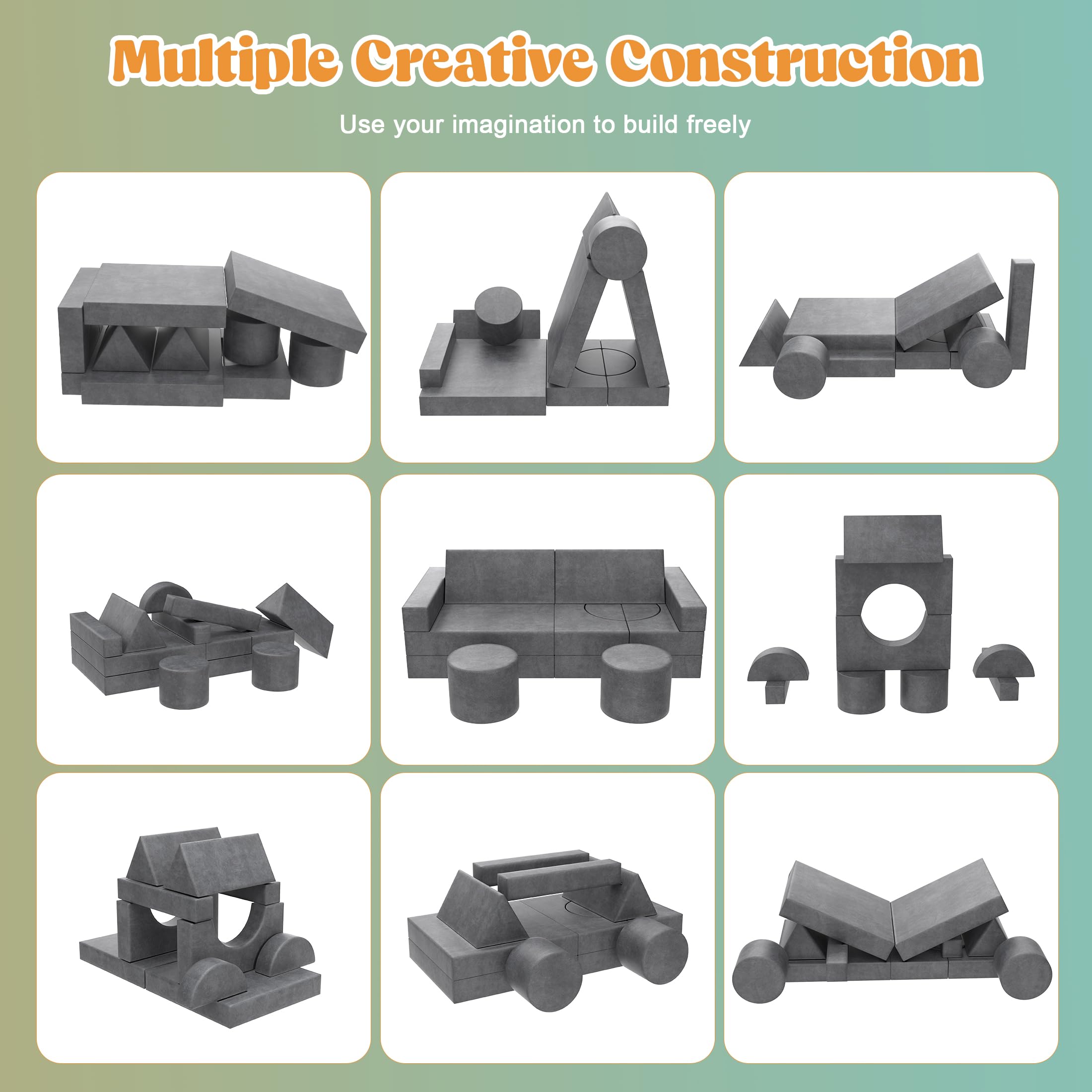 13-Piece Modular Kids Play Couch Set - Large Convertible Foam Sofa for Boys & Girls | DIY Building Fort, Sectional Floor Cushion for Creative Play | Perfect for Playrooms, Bedrooms & Indoor Adventures (Grey)