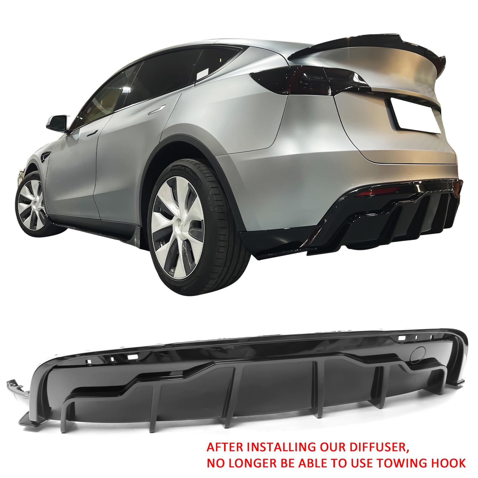 IKON MOTORSPORTS Rear Diffuser for Tesla Model Y 2020-2024 - Gloss Black PP Bumper Lip Shark Fin Splitter Replacement (3PC) | Enhanced Aerodynamics & Sporty Styling | Perfect for Car Enthusiasts & Performance Upgrades