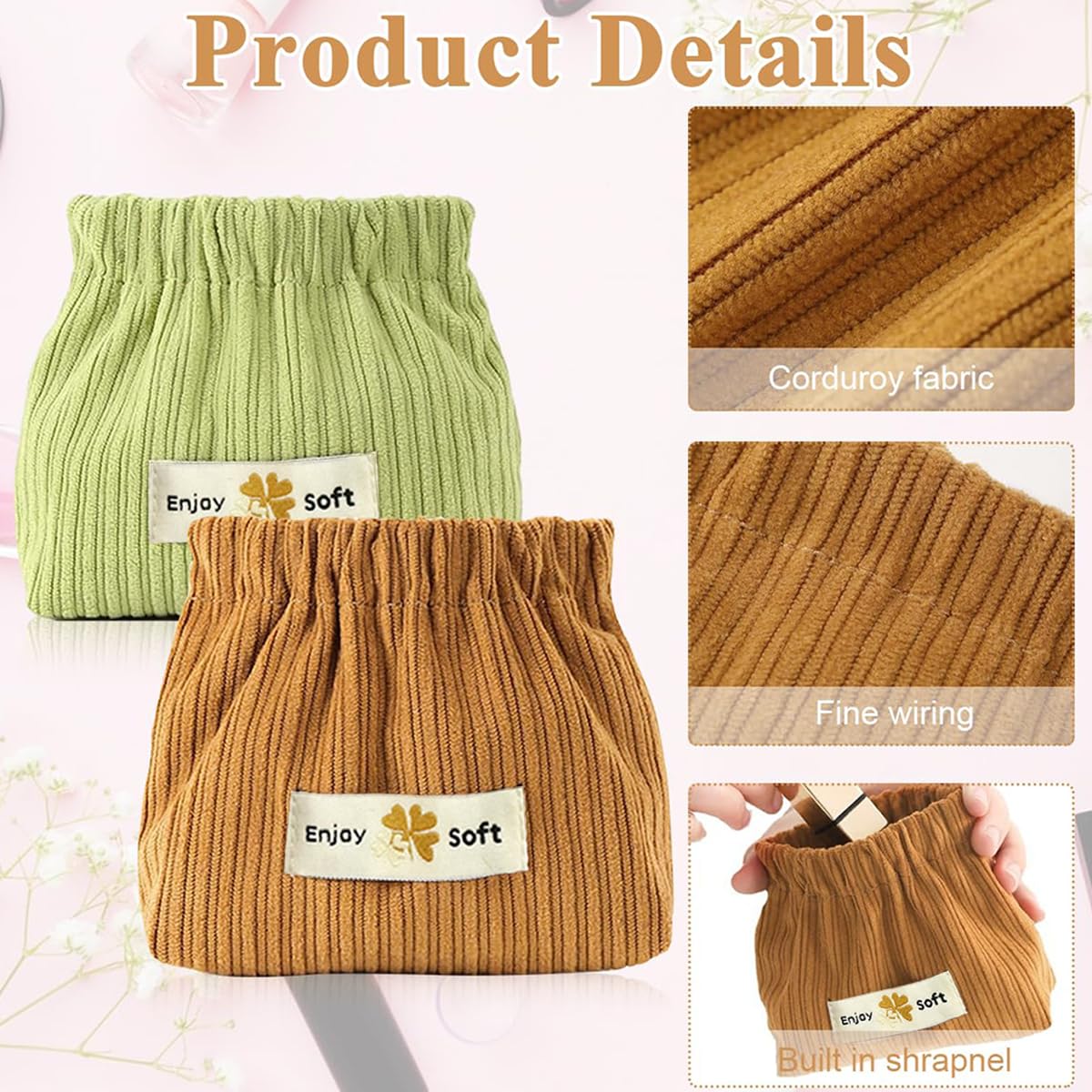 2 Pack Small Corduroy Pouches for Women & Girls - Mini Travel Makeup Bag, Coin Purse, Lipstick & Jewelry Organizer - Squeeze-Open Cosmetic Storage Bag for Hair Accessories (Coffee & Green) - Perfect for Travel, Daily Use & Gift Giving