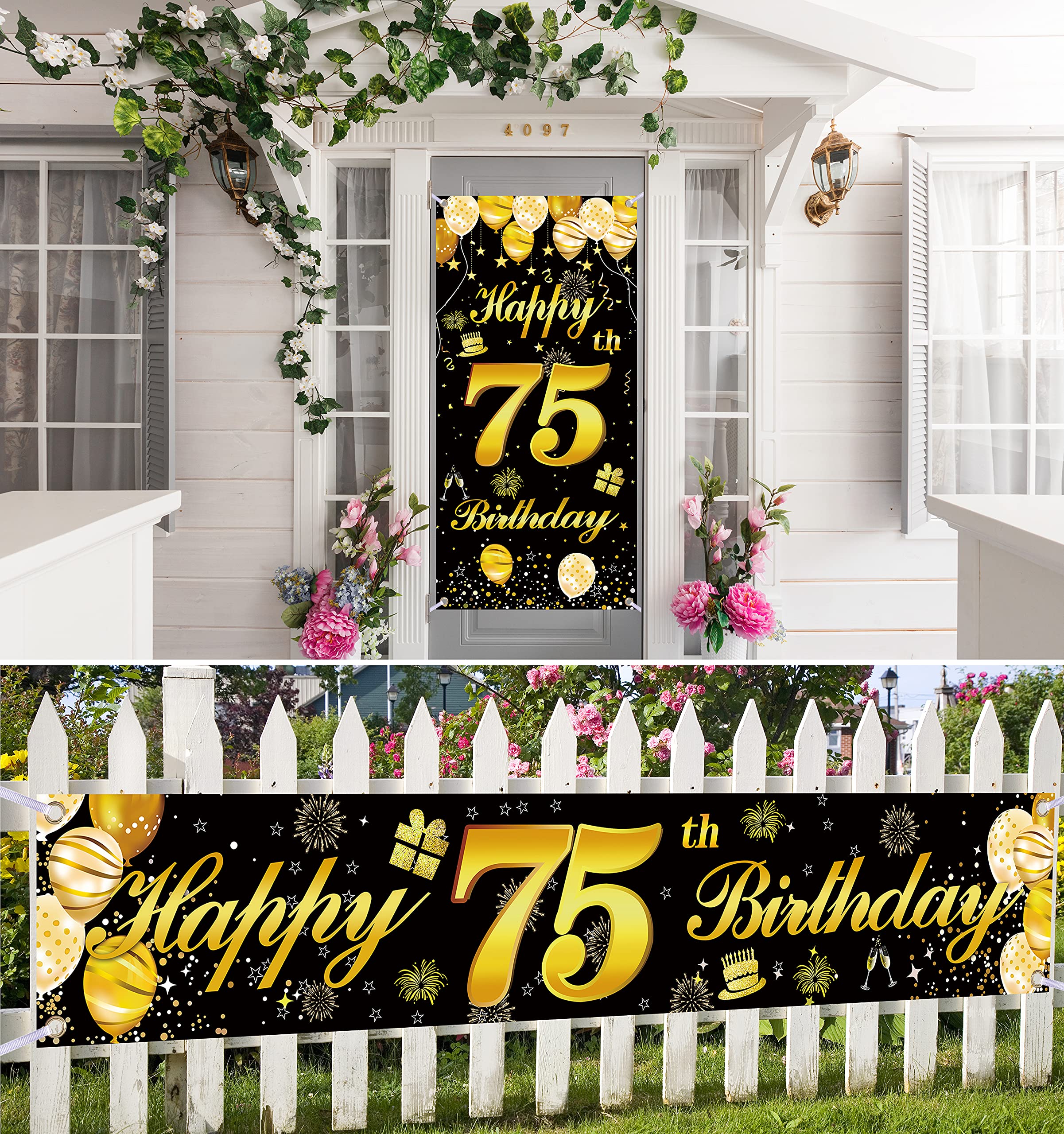 75th Happy Birthday Door Banner - Gold & Black Birthday Decorations for Men - Party Supplies for Dad, Grandpa - Perfect for Home, Office & Retirement Celebrations