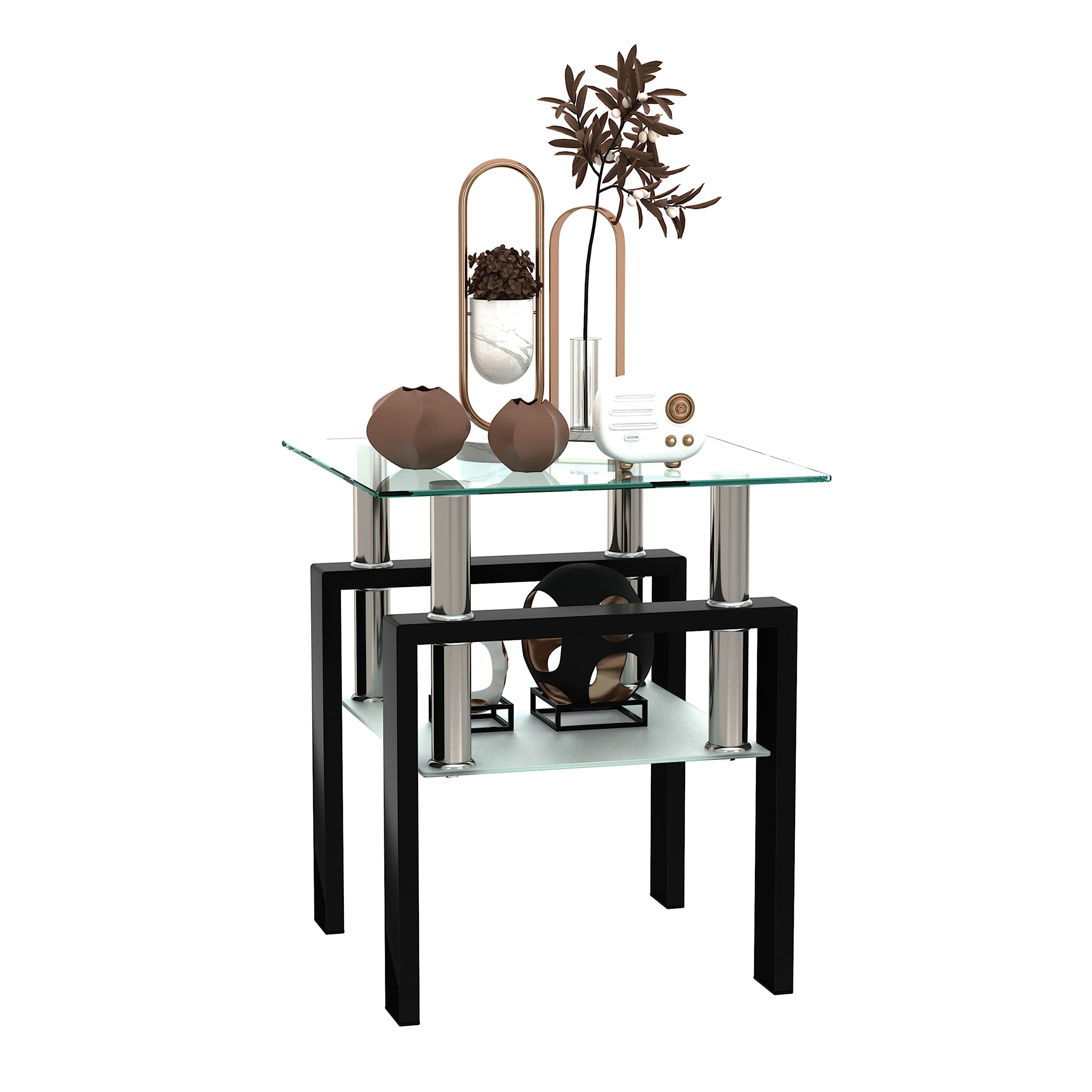 Modern Square Glass End Table with Sturdy Metal Legs - Small Coffee Table, Nightstand, or Bedside Table for Living Room & Bedroom - Perfect for Tea Time, Reading Nook, or Bedside Storage