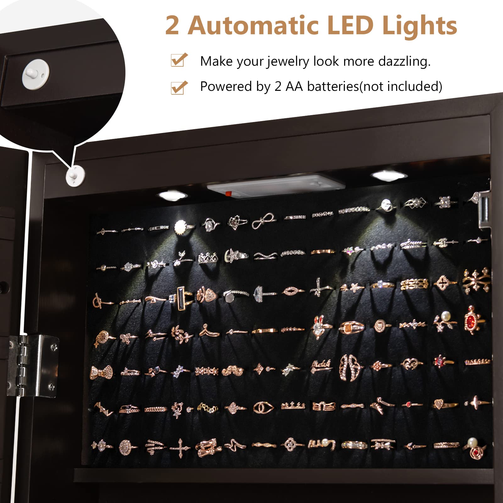 COSTWAY Hanging Jewelry Organizer with Full-Length Mirror & LED Lights - Wall Mount Jewelry Cabinet with Lock, Large Storage for Necklaces, Rings, Earrings - Perfect for Bedroom, Closet & Dressing Room (Brown)