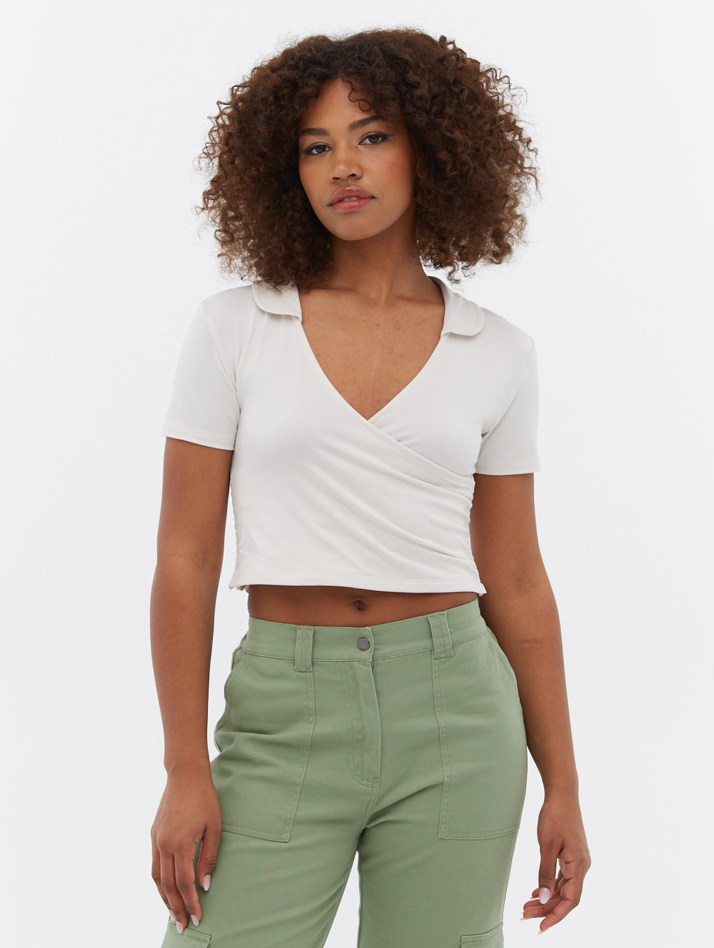 Constance Collared Wrap Crop Top - Women's Fashion Short Sleeve Shirt for Casual Outfits & Summer Wear