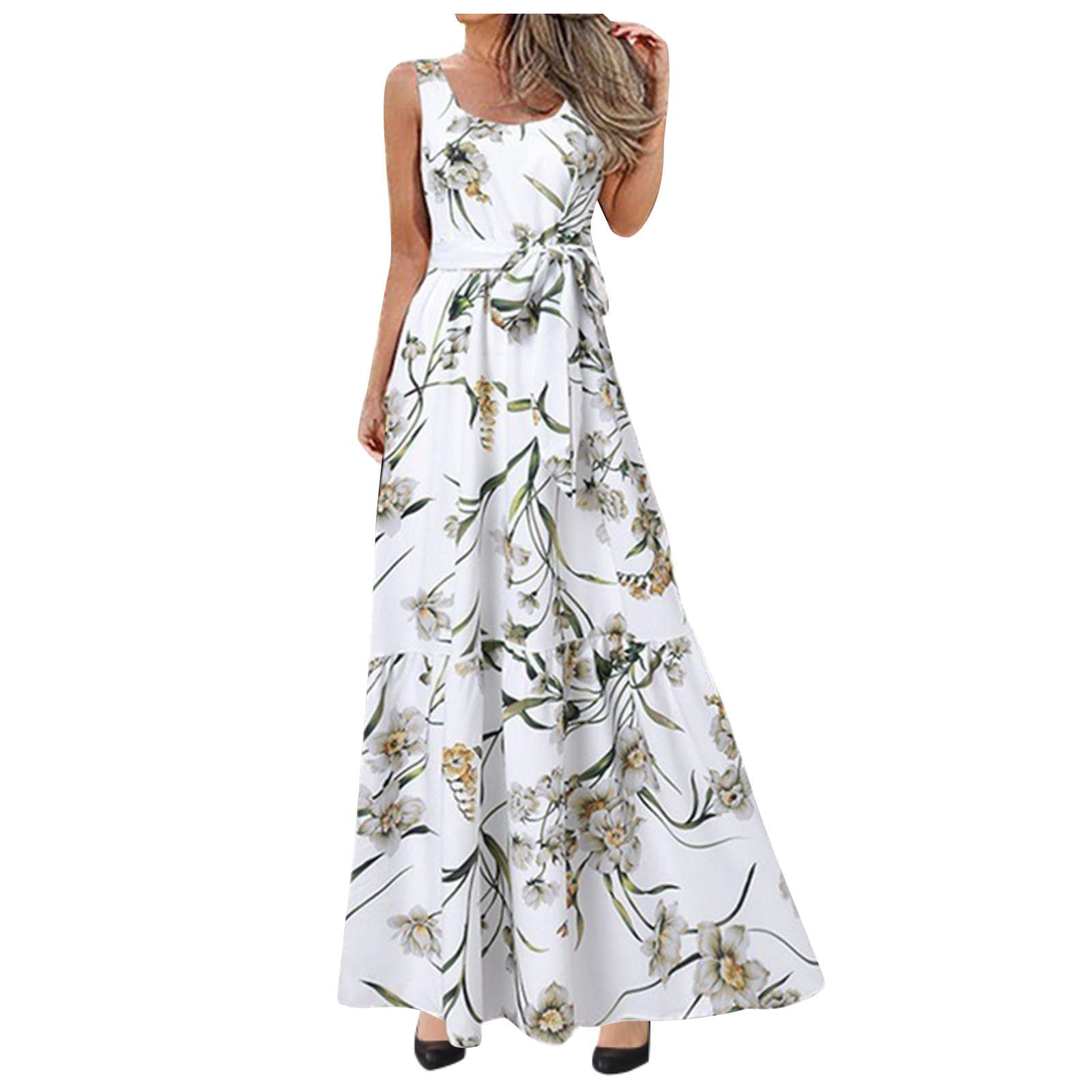 Women's Summer Boho Floral Maxi Dress - High Waist Tie Front Sleeveless Tank Sun Dress for Wedding Guest, Cocktail Party & Beach Vacation | Casual Long Dress for Women