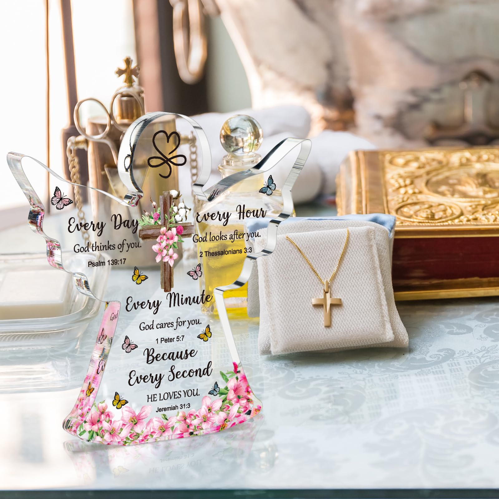 Yulejo Acrylic Christian Gifts with Bible Verse Prayers - Religious Home Decor for Women, Men, Friends, Mom - Perfect for Valentine's Day, Birthday, Baptism, Christmas - Cross & Angel Design for Prayer Corner, Church, Office Desk